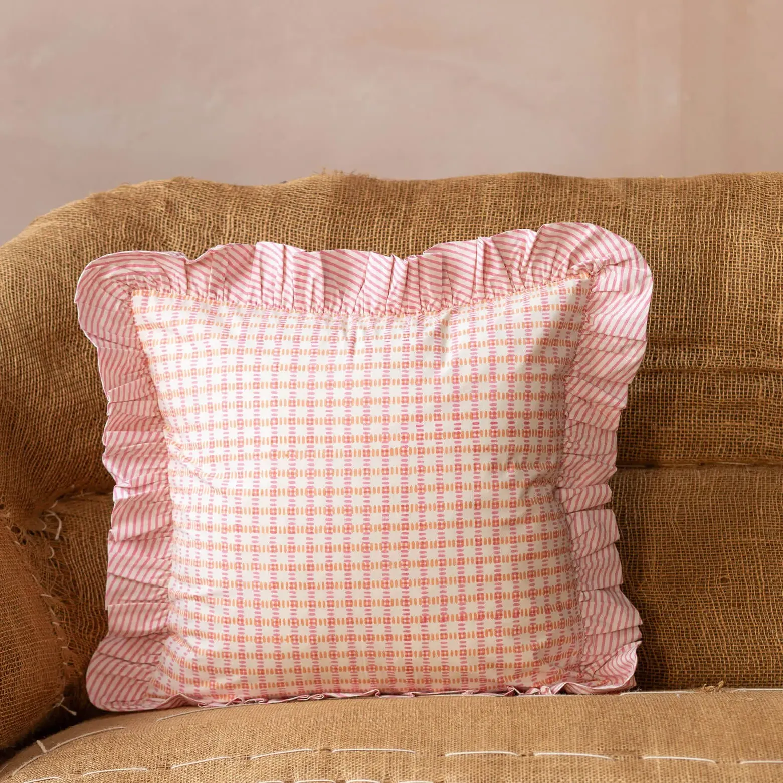Sundae Square Cushion with Frill - Pink, Cotton