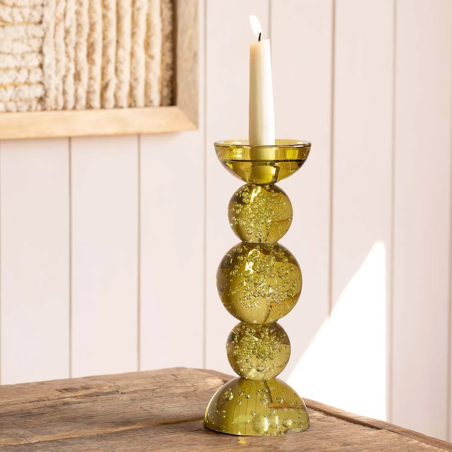 Tall Bubble Glass Candle Holder - Olive