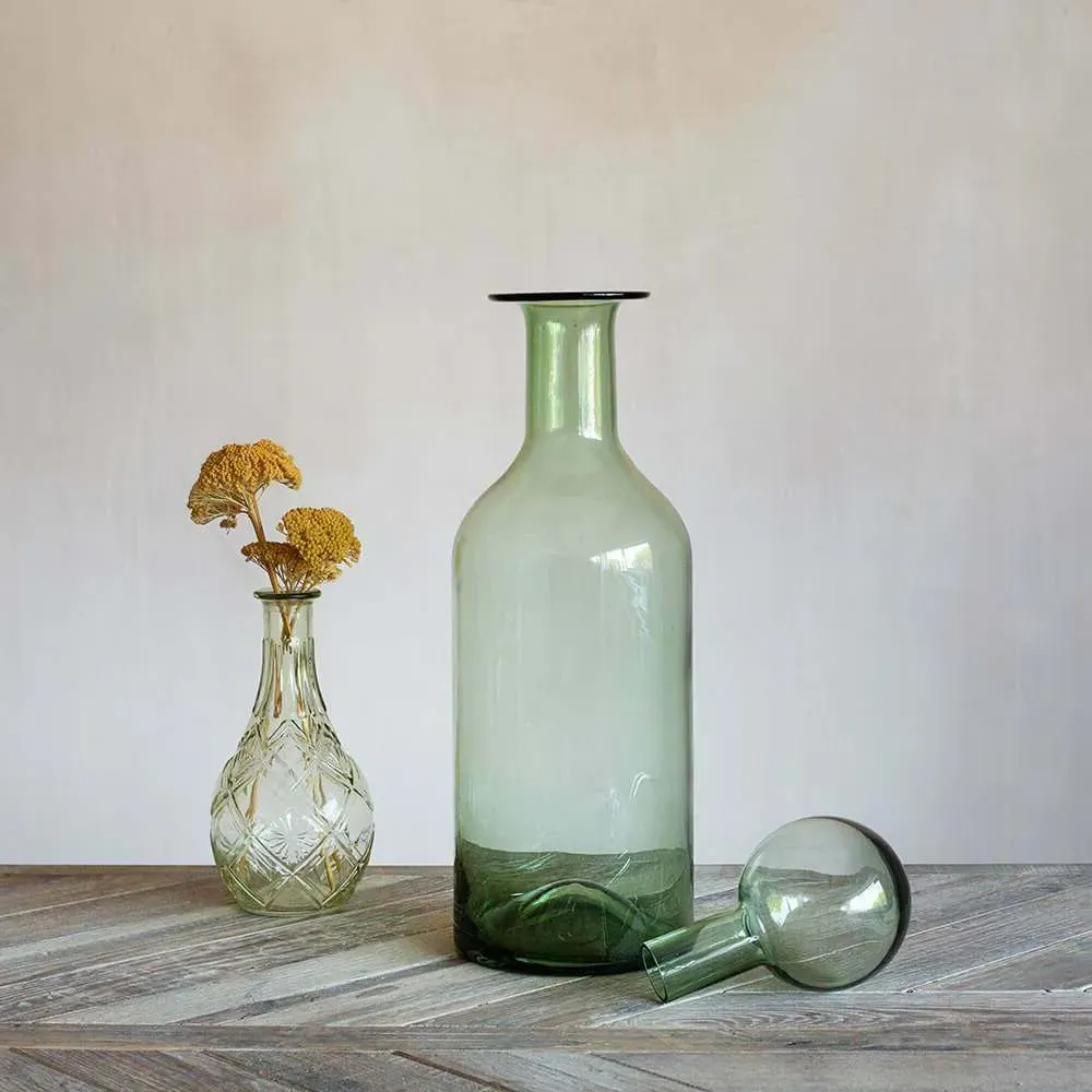 Tall Glass Bottle with Spherical Stopper - Green