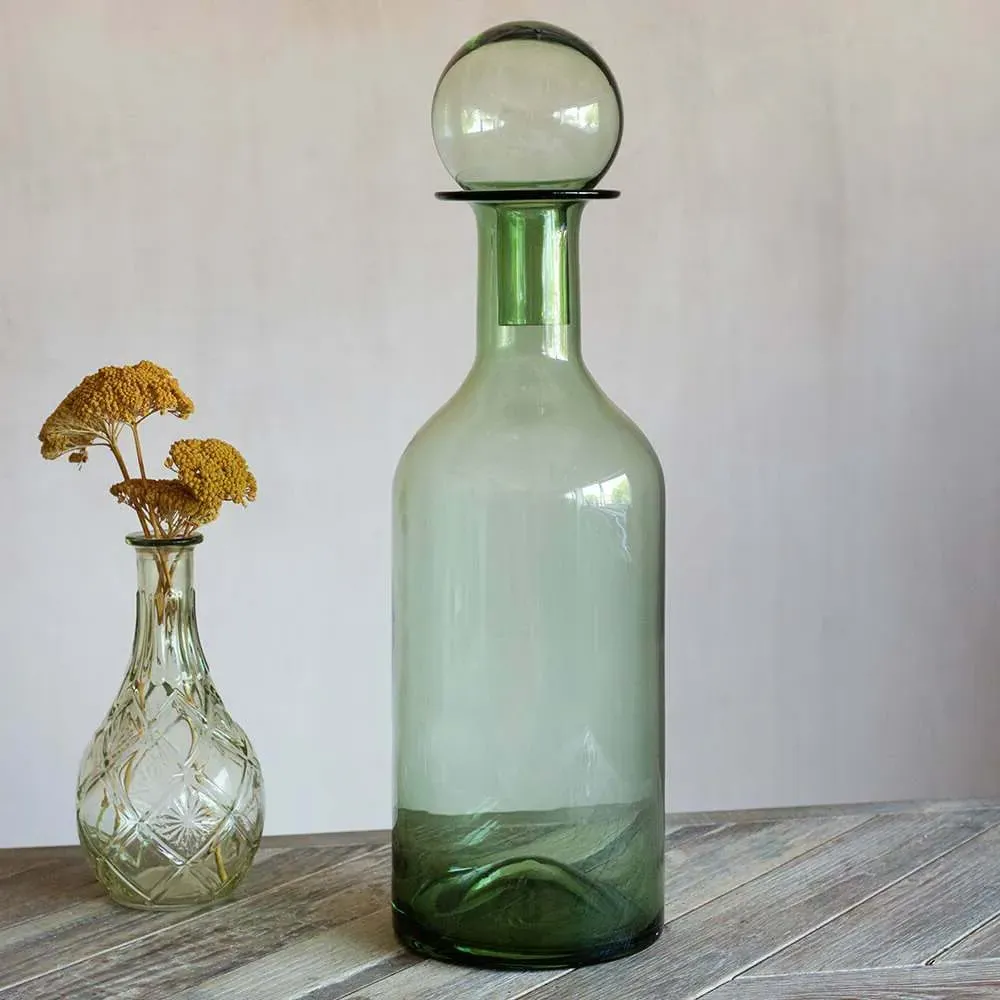 Tall Glass Bottle with Spherical Stopper - Green