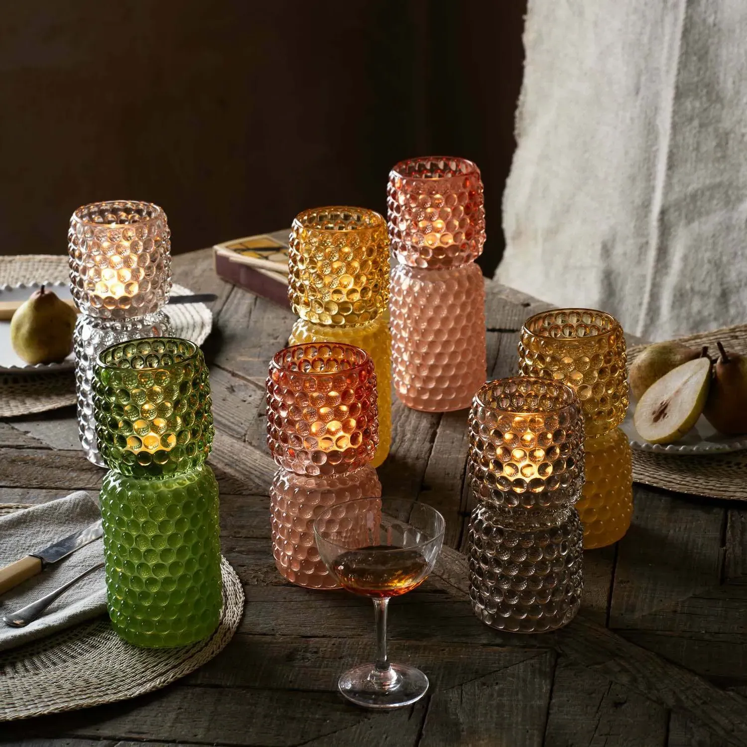 Tall Stacked Bubble Tealight Holder - Green, Glass