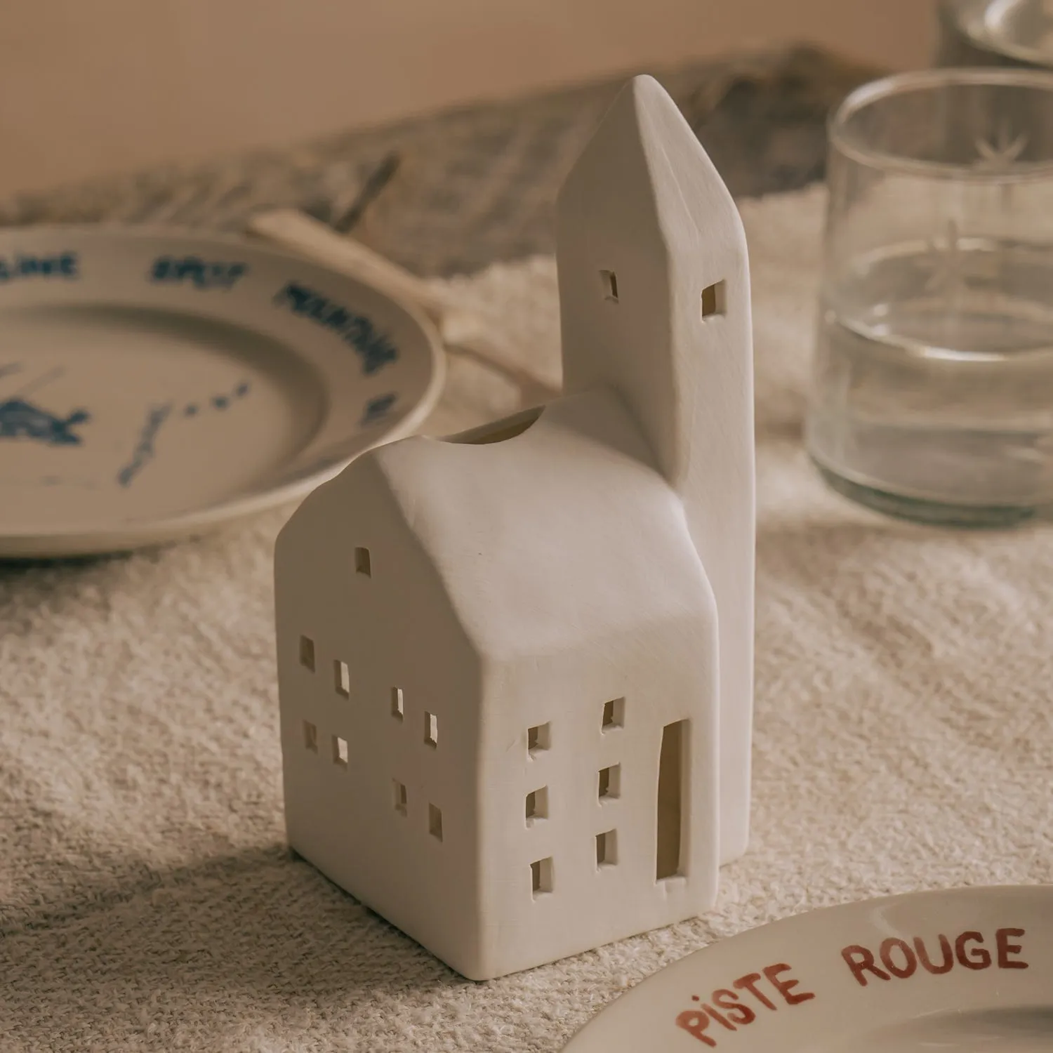 Tall White Church Tealight Holder - White, Porcelain