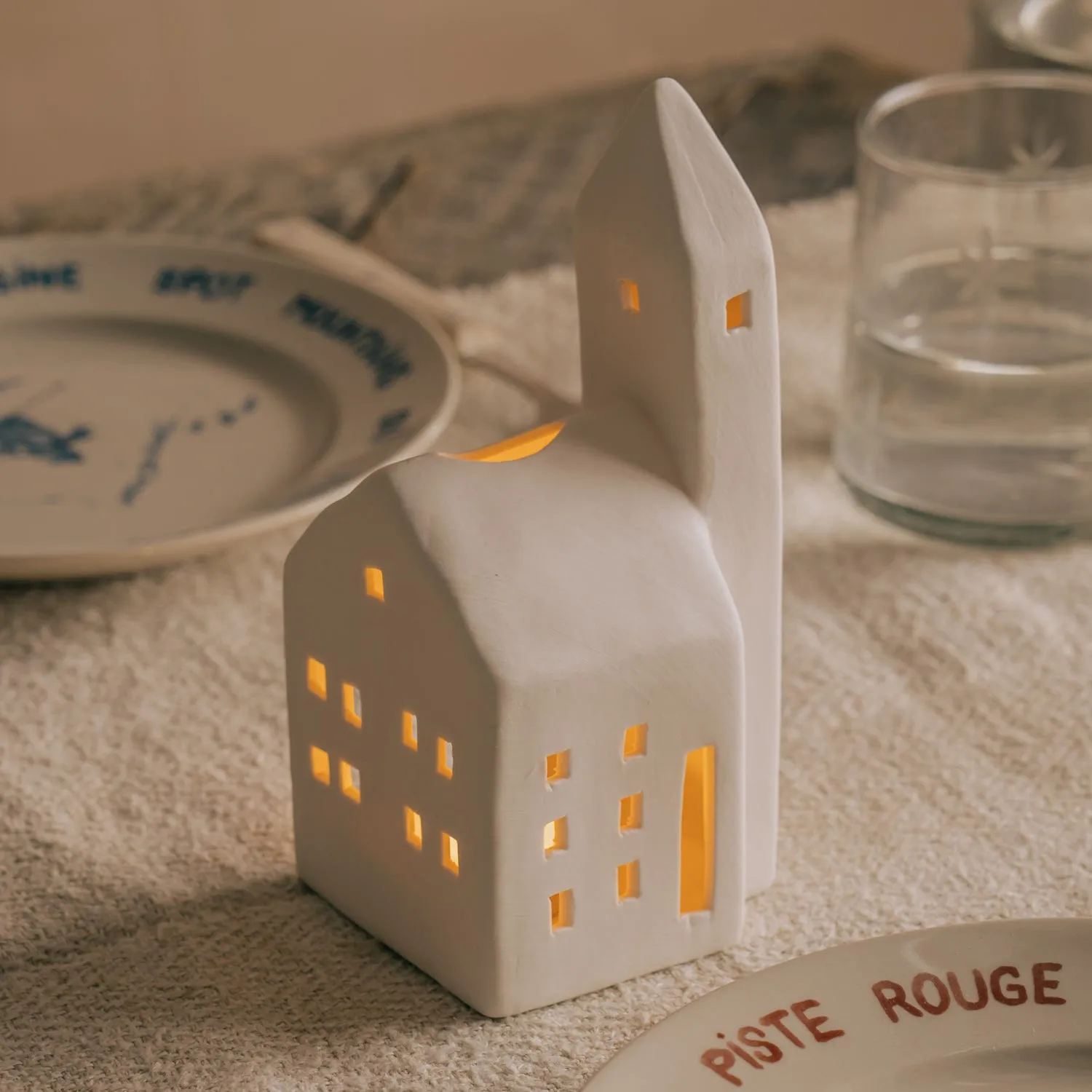 Tall White Church Tealight Holder - White, Porcelain image