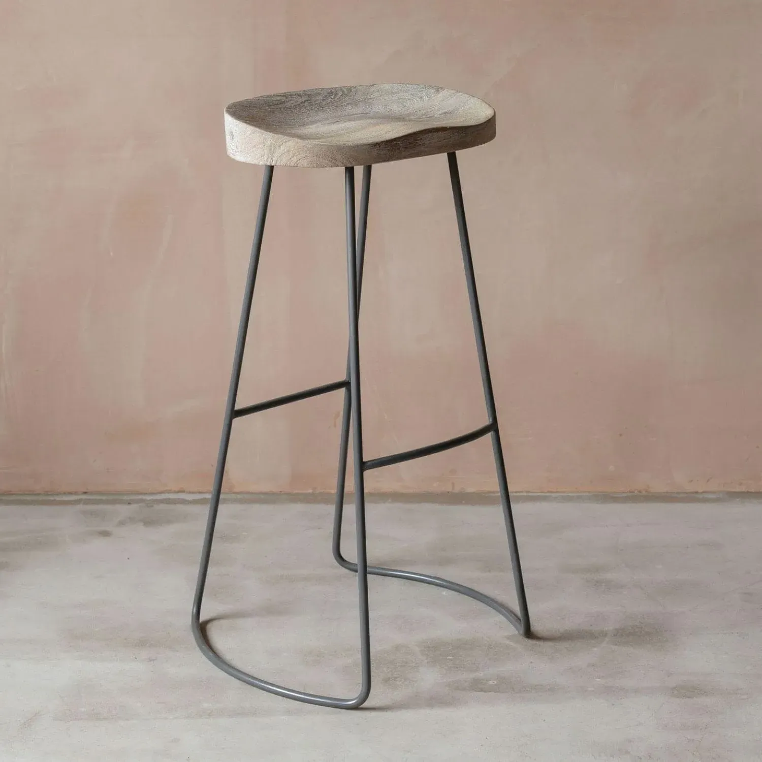 Tall Wood and Iron Stool - Dark Grey