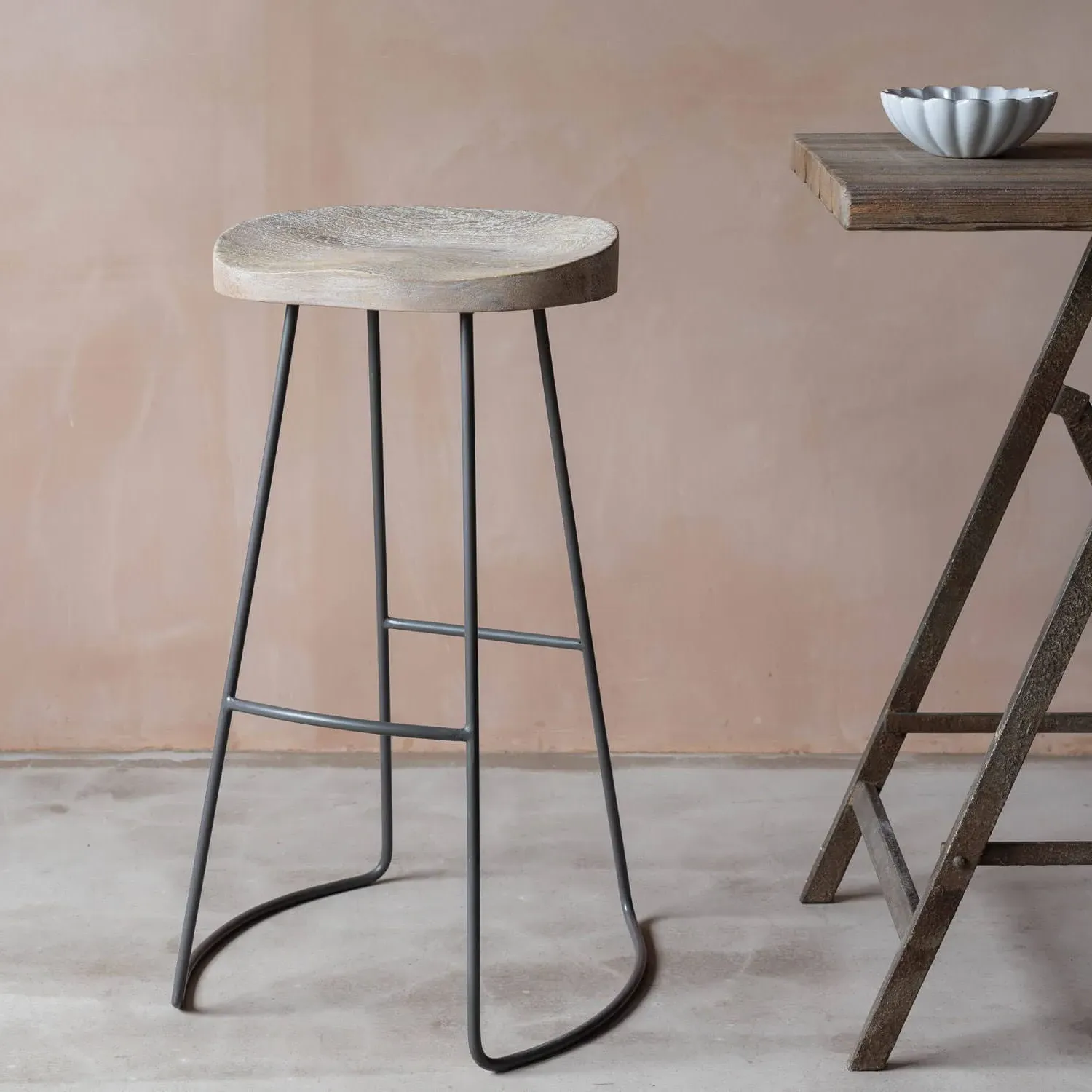 Tall Wood and Iron Stool - Dark Grey