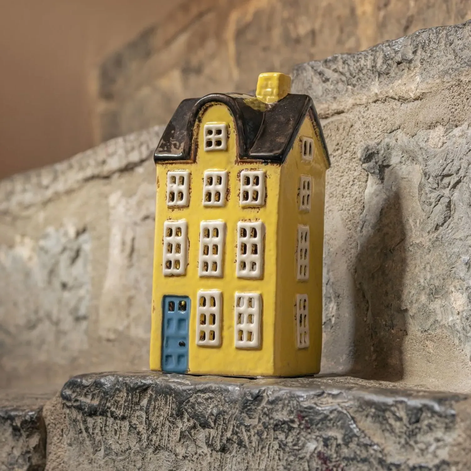 Tall Yellow Danish House Tealight Holder - Ceramic