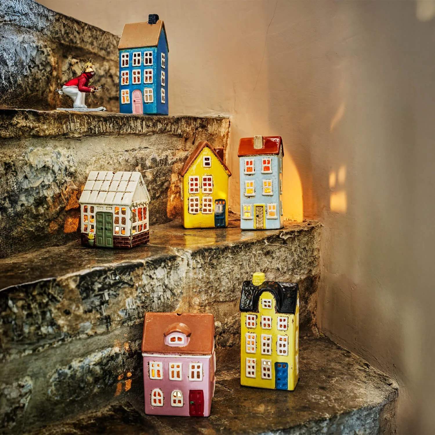 Tall Yellow Danish House Tealight Holder - Ceramic