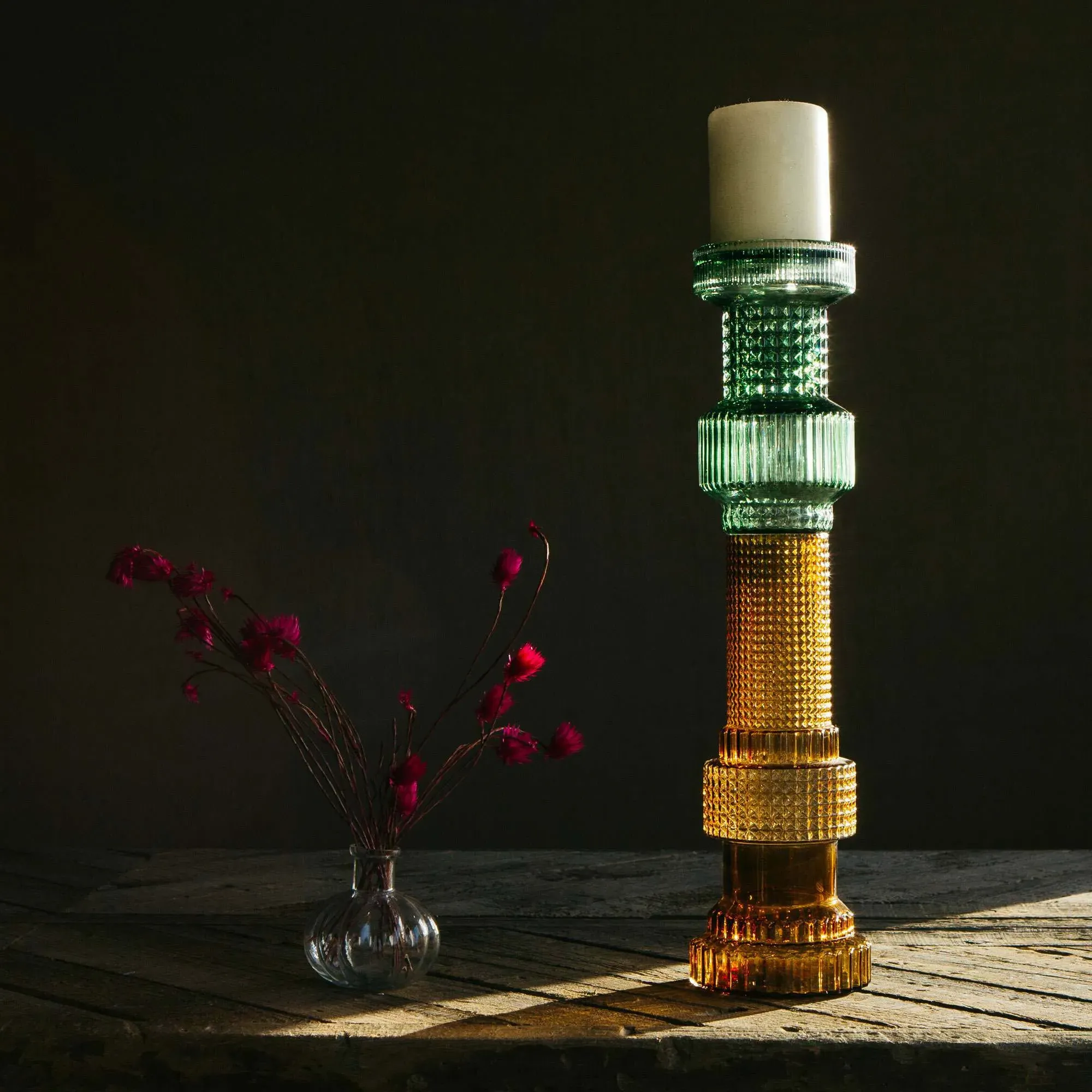 Textured Glass Candle Holder - Green, Brown