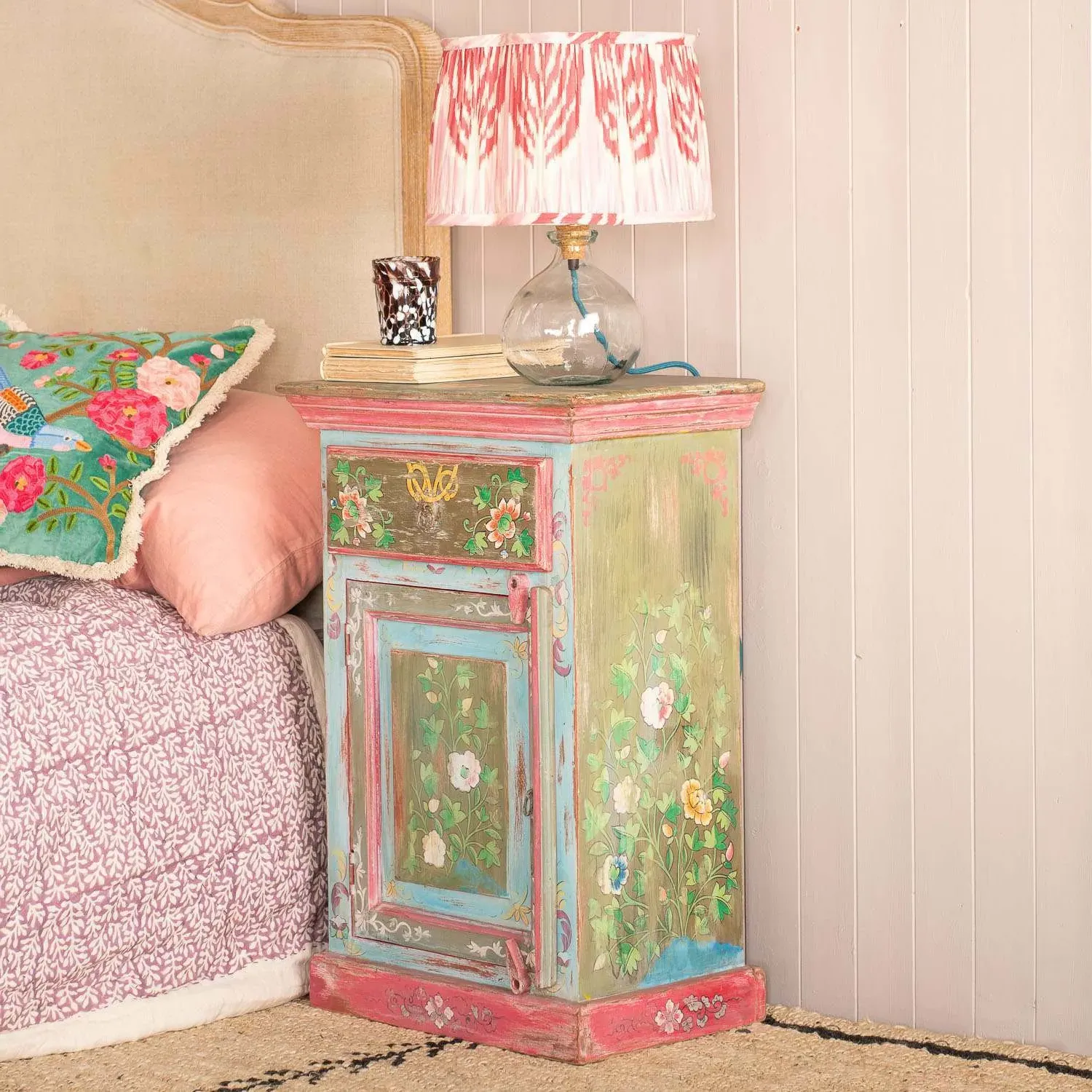 Tunxi Painted Bedside Table - Floral, Mango Wood