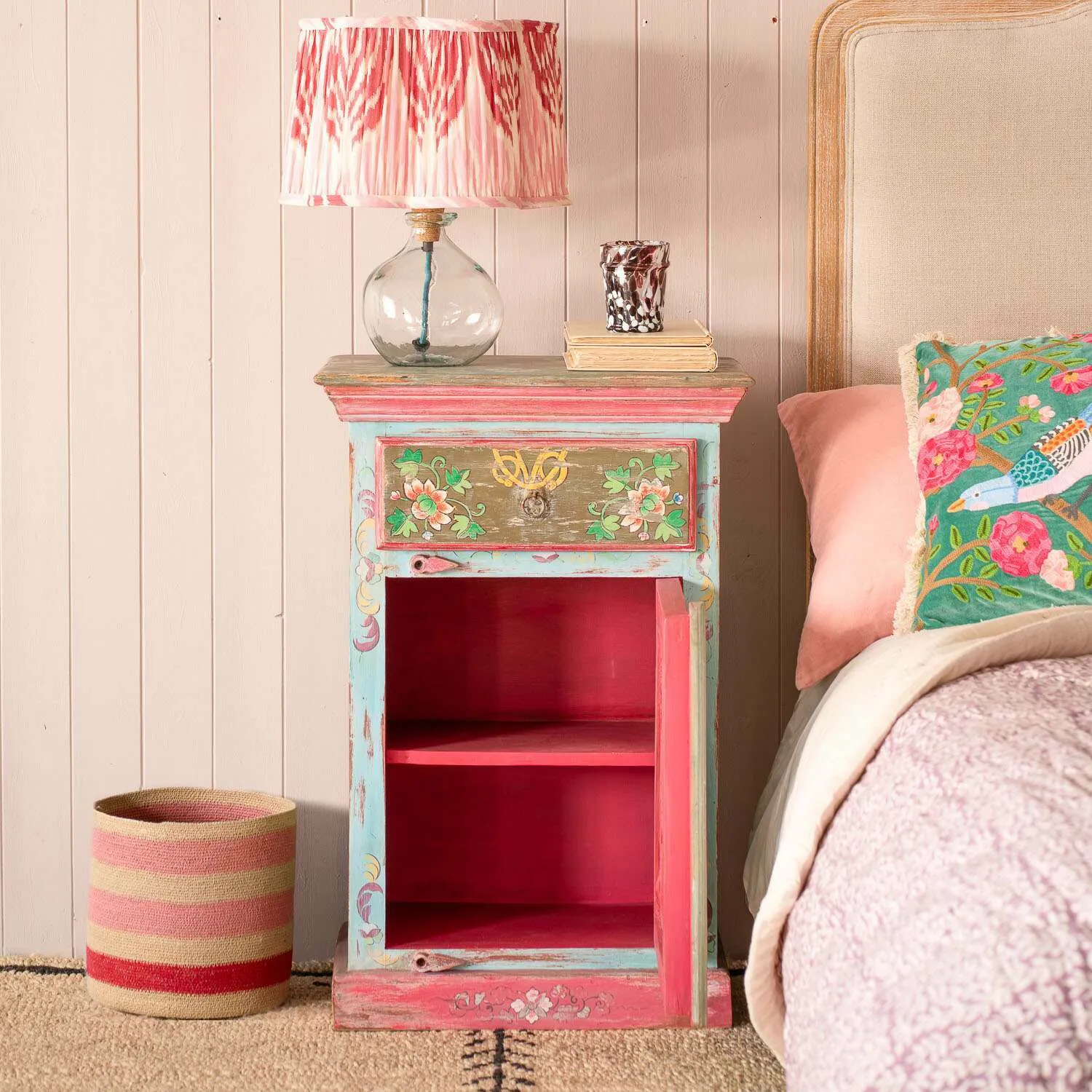 Tunxi Painted Bedside Table - Floral, Mango Wood
