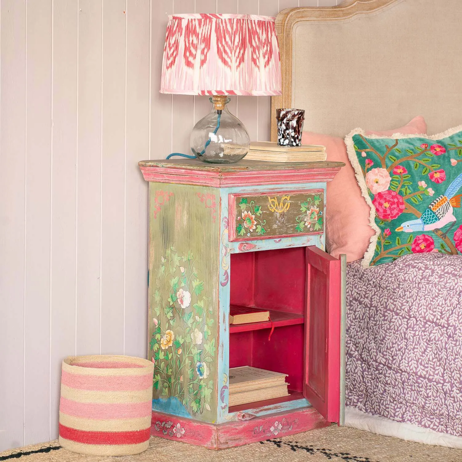 Tunxi Painted Bedside Table - Floral, Mango Wood