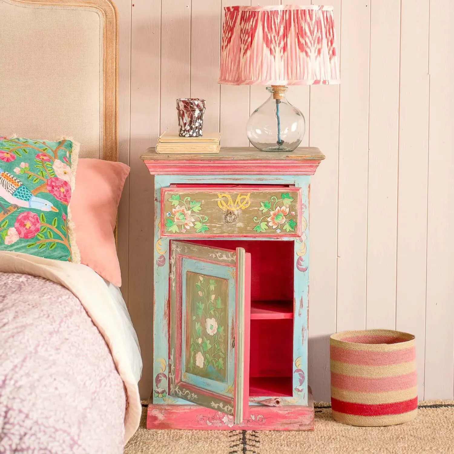 Tunxi Painted Bedside Table - Floral, Mango Wood