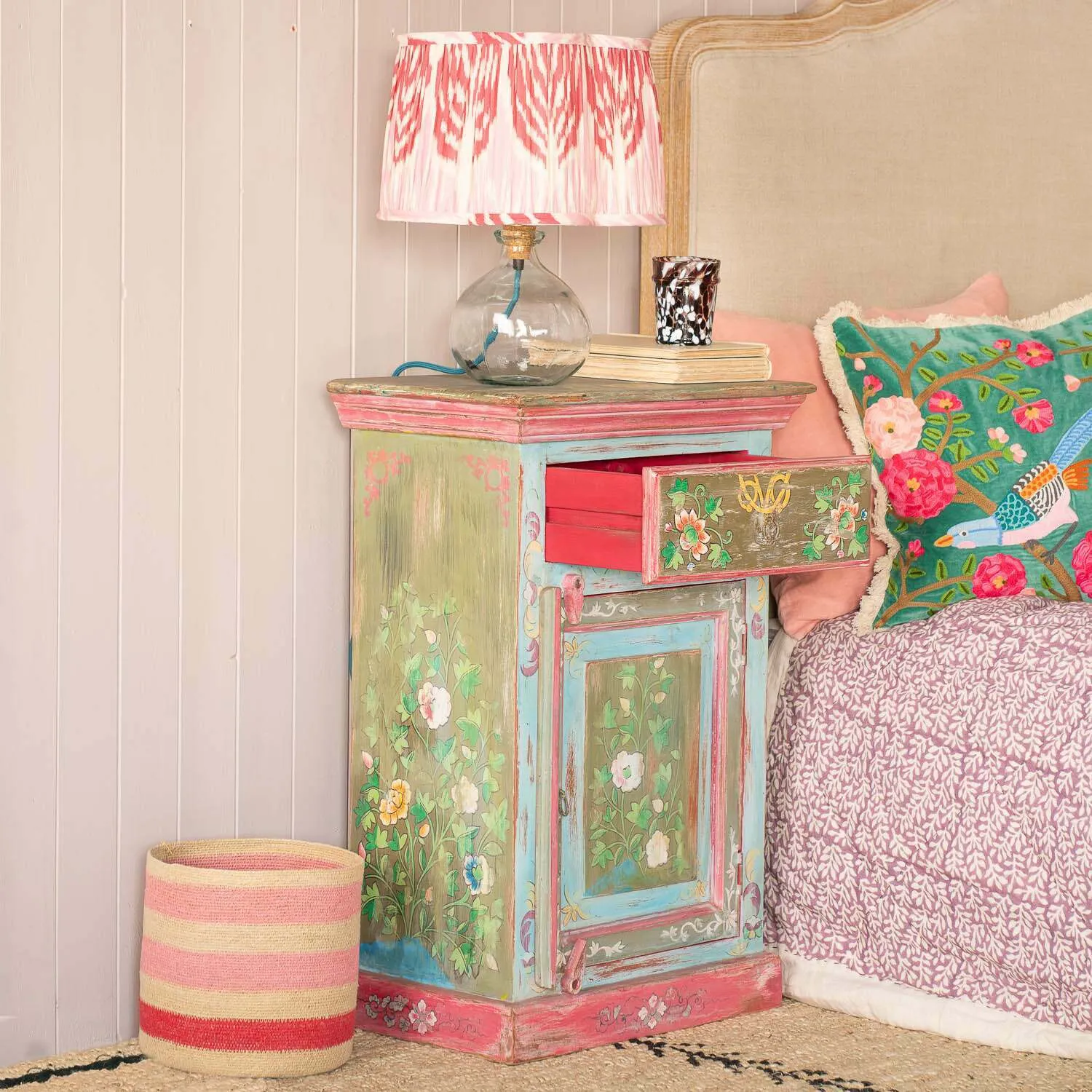 Tunxi Painted Bedside Table - Floral, Mango Wood