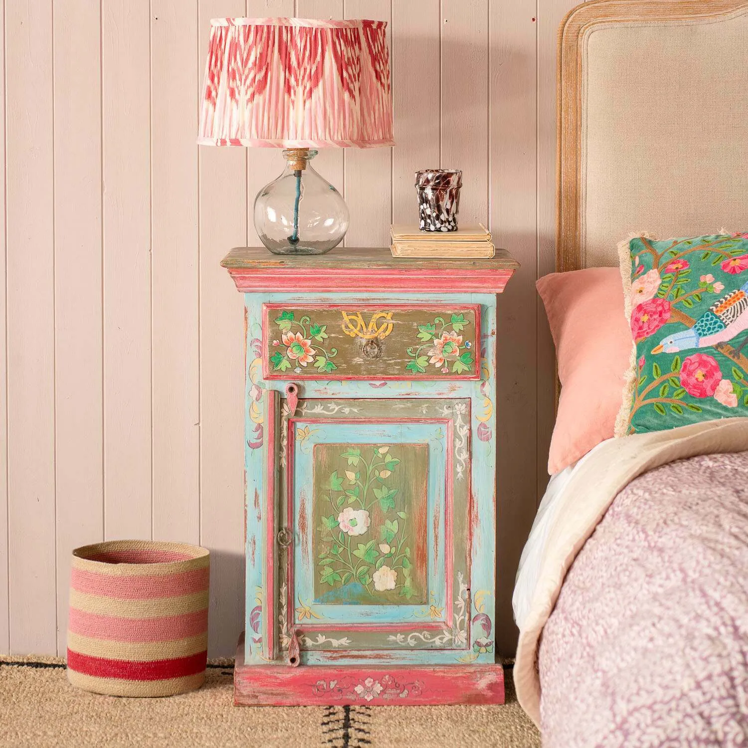 Tunxi Painted Bedside Table - Floral, Mango Wood