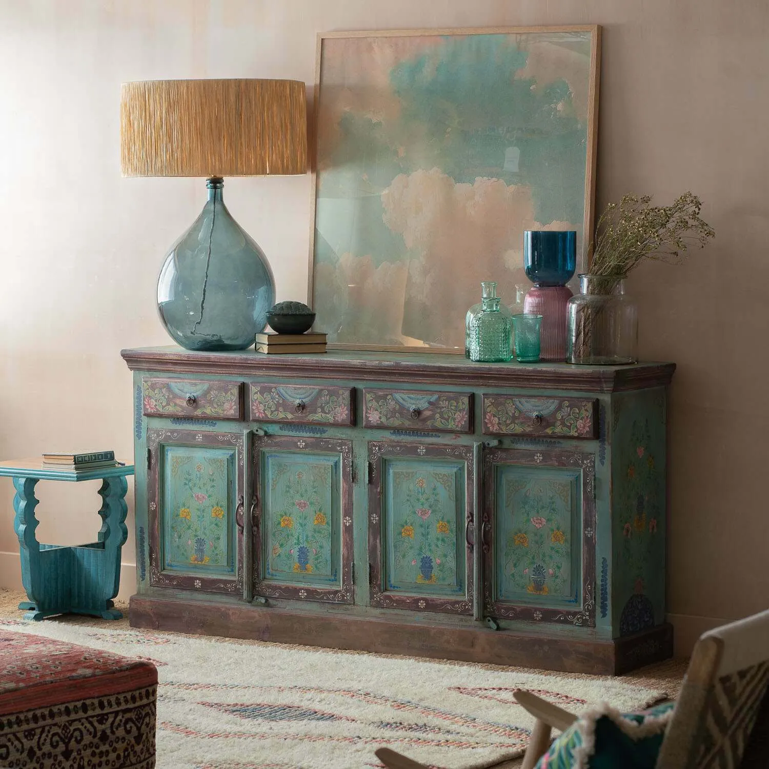 Tunxi Painted Sideboard - Aqua Blue, Mango Wood