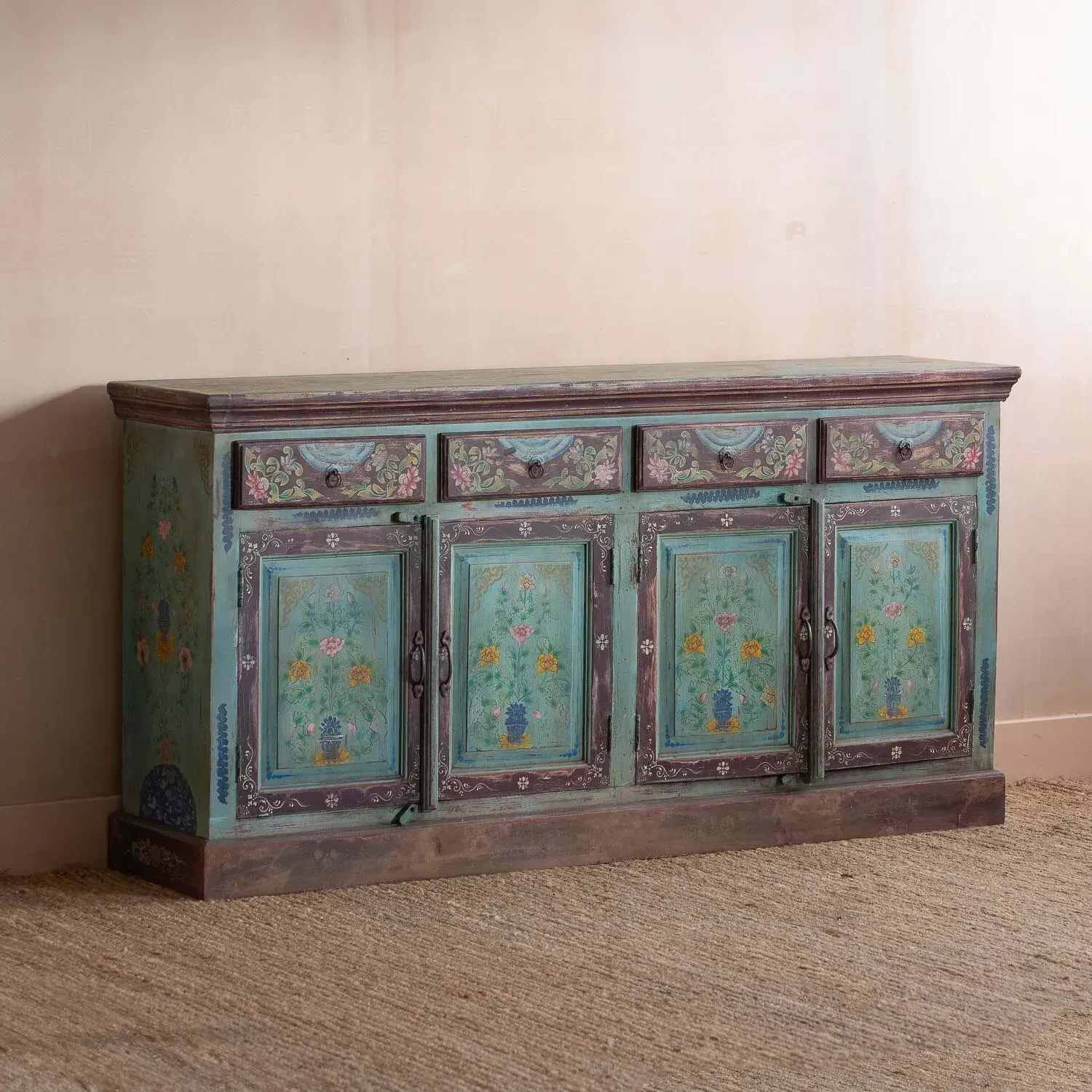 Tunxi Painted Sideboard - Aqua Blue, Mango Wood