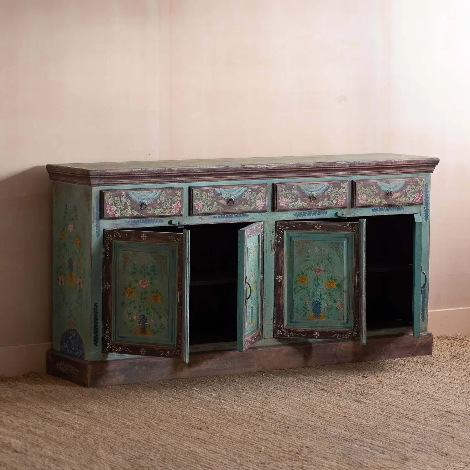 Tunxi Painted Sideboard - Aqua Blue, Mango Wood
