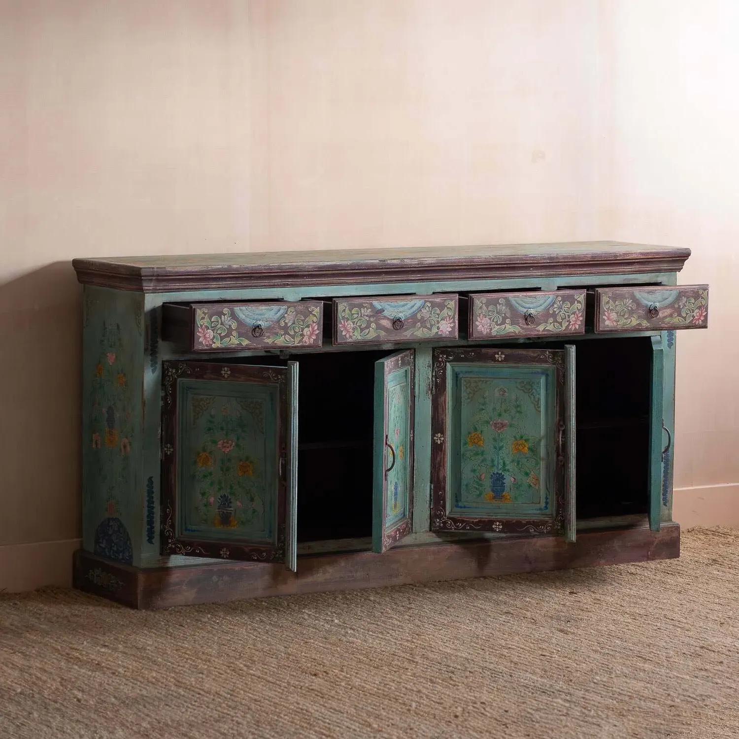Tunxi Painted Sideboard - Aqua Blue, Mango Wood