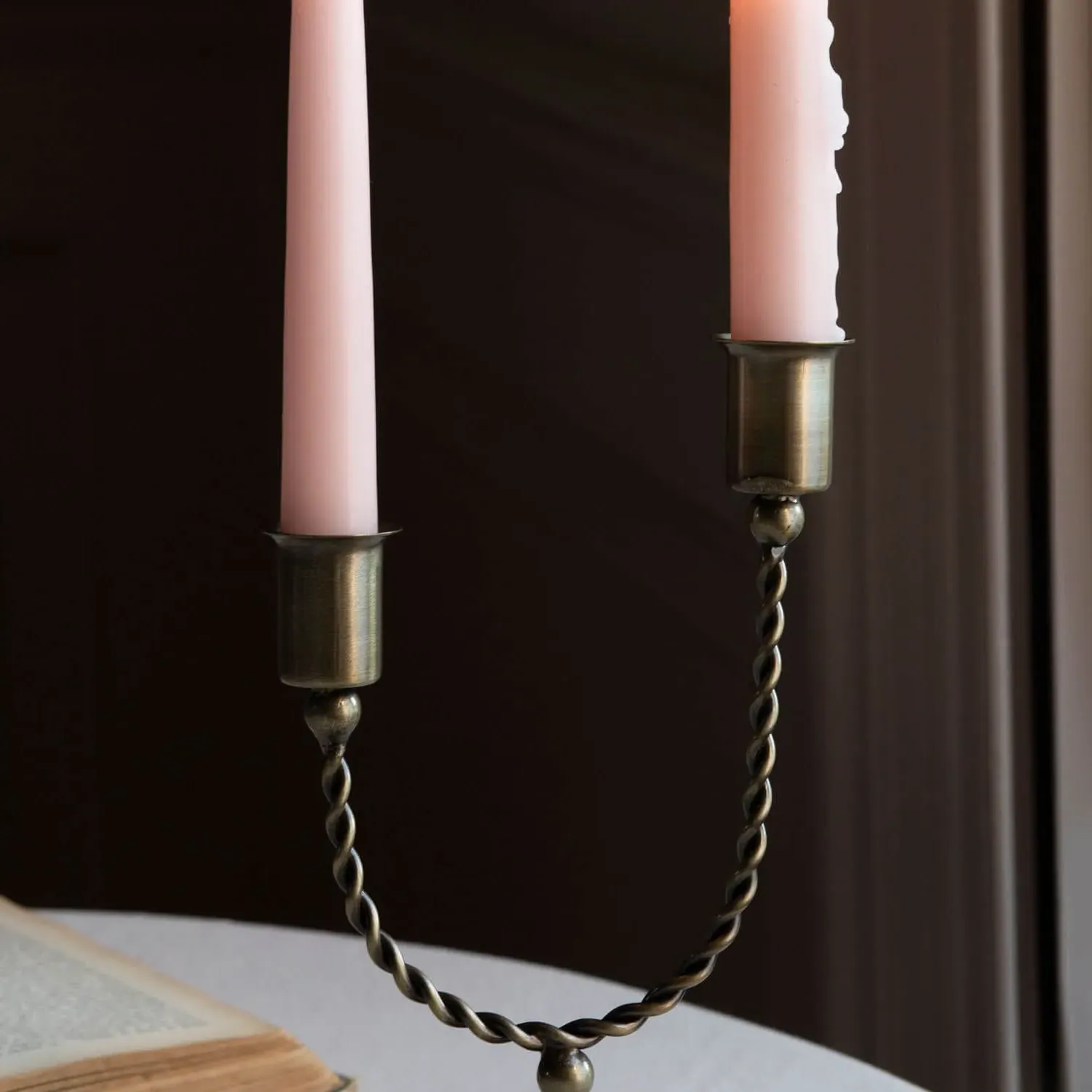 Twisted Double Candle Holder - Antiqued Brass