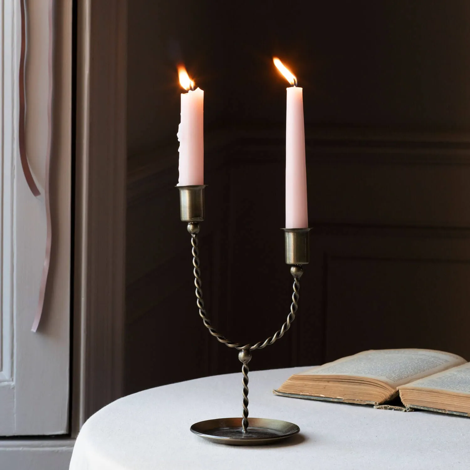 Twisted Double Candle Holder - Antiqued Brass image