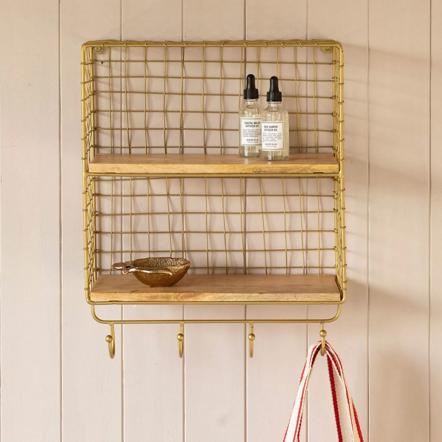 Two Shelf Wall Rack with Hooks - Iron, Mango Wood