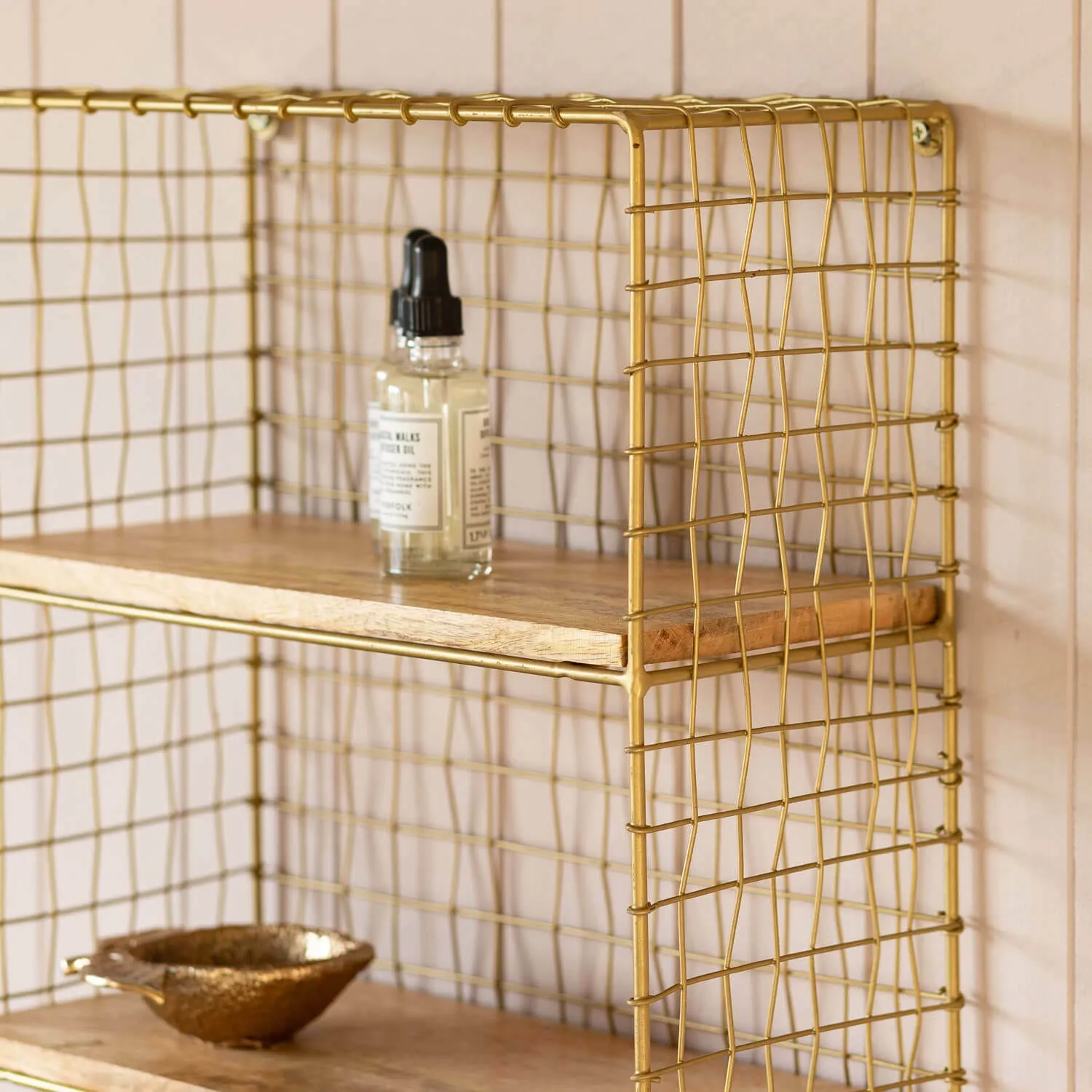 Two Shelf Wall Rack with Hooks - Iron, Mango Wood