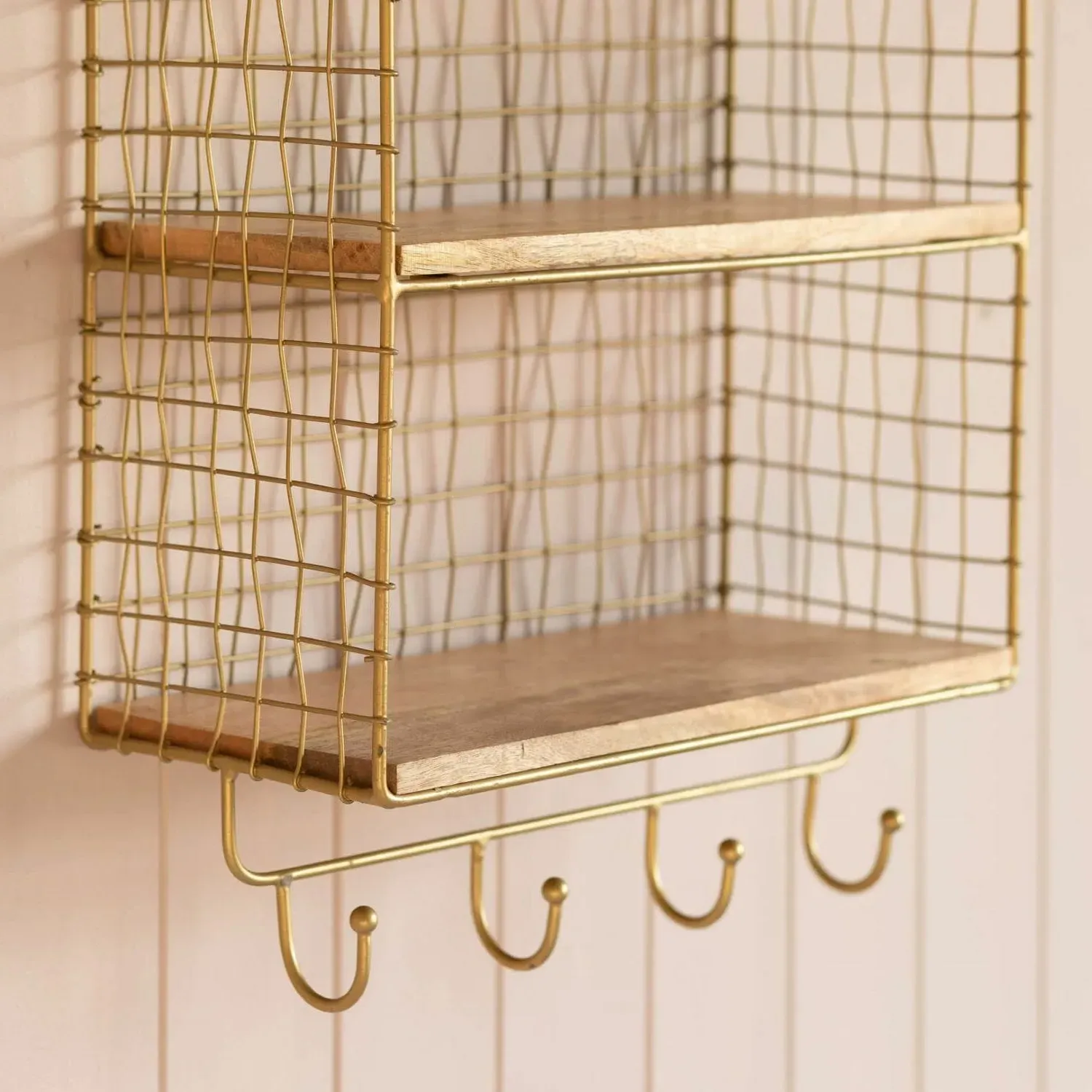 Two Shelf Wall Rack with Hooks - Iron, Mango Wood