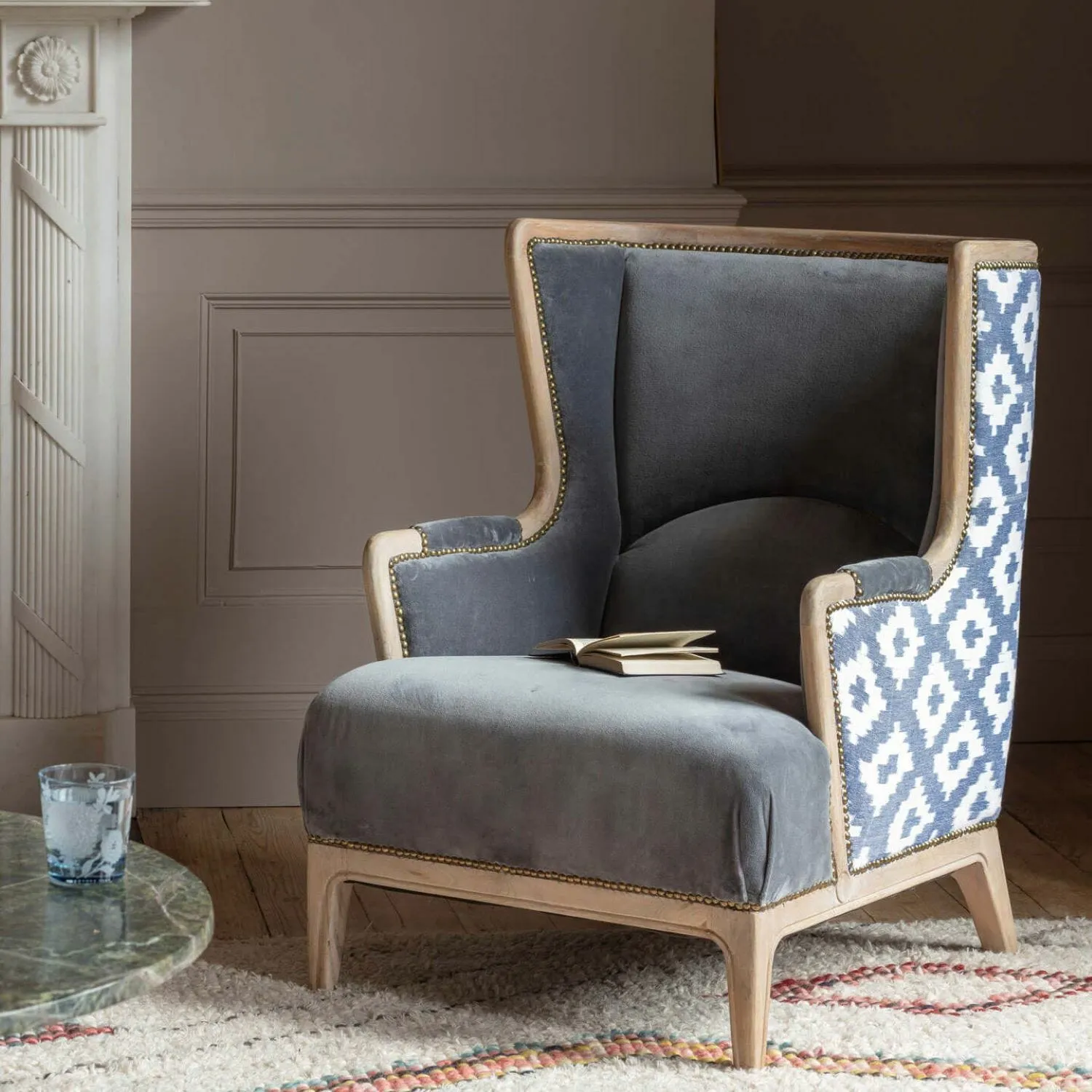 Valentin Armchair with Stud Detailing - Blue, Velvet