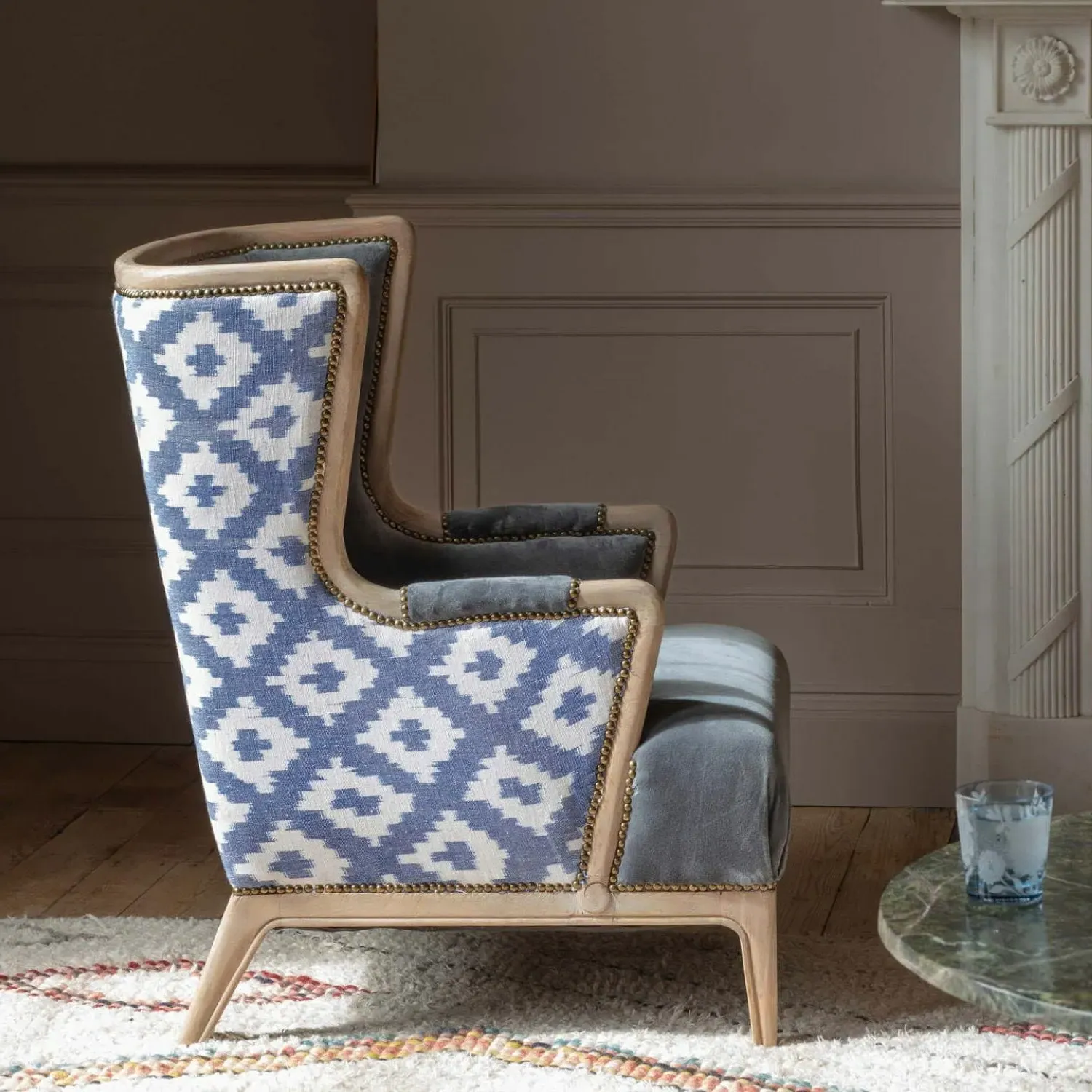 Valentin Armchair with Stud Detailing - Blue, Velvet