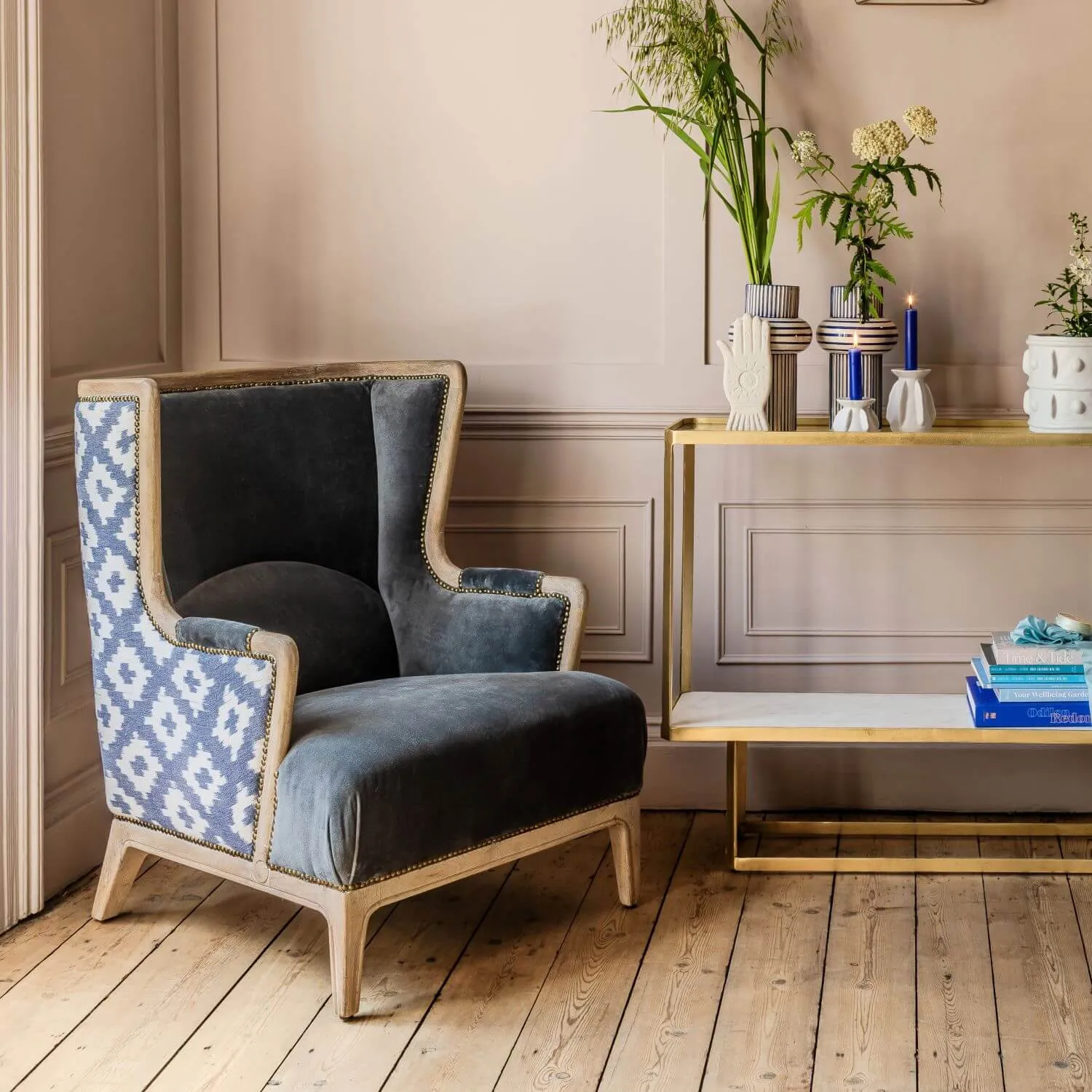 Valentin Armchair with Stud Detailing - Blue, Velvet image