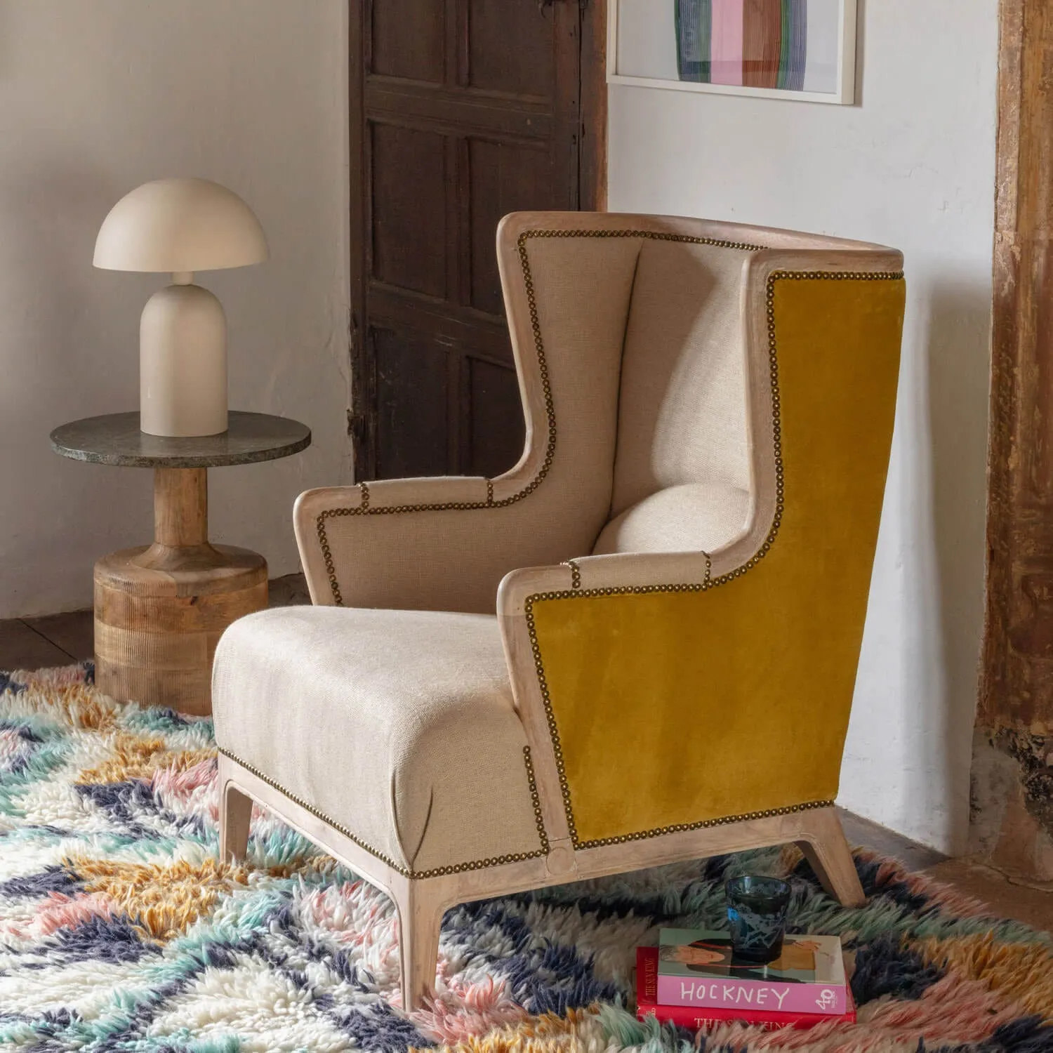 Valentin Armchair with Stud Detailing - Yellow, Velvet