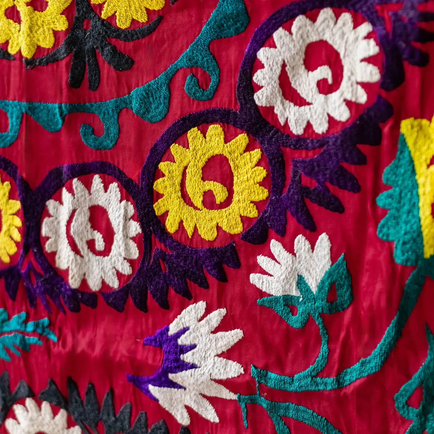 Vintage Abstract Floral Suzani Wall Panel - Red, Cotton