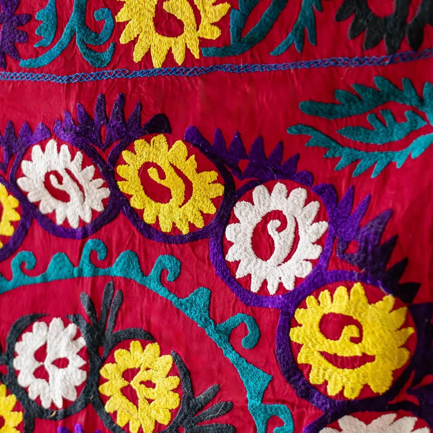 Vintage Abstract Floral Suzani Wall Panel - Red, Cotton