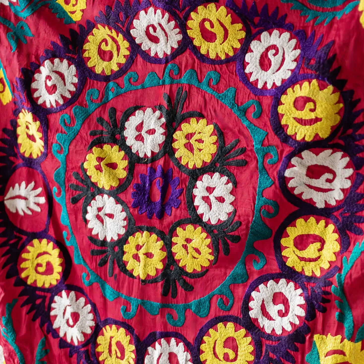 Vintage Abstract Floral Suzani Wall Panel - Red, Cotton