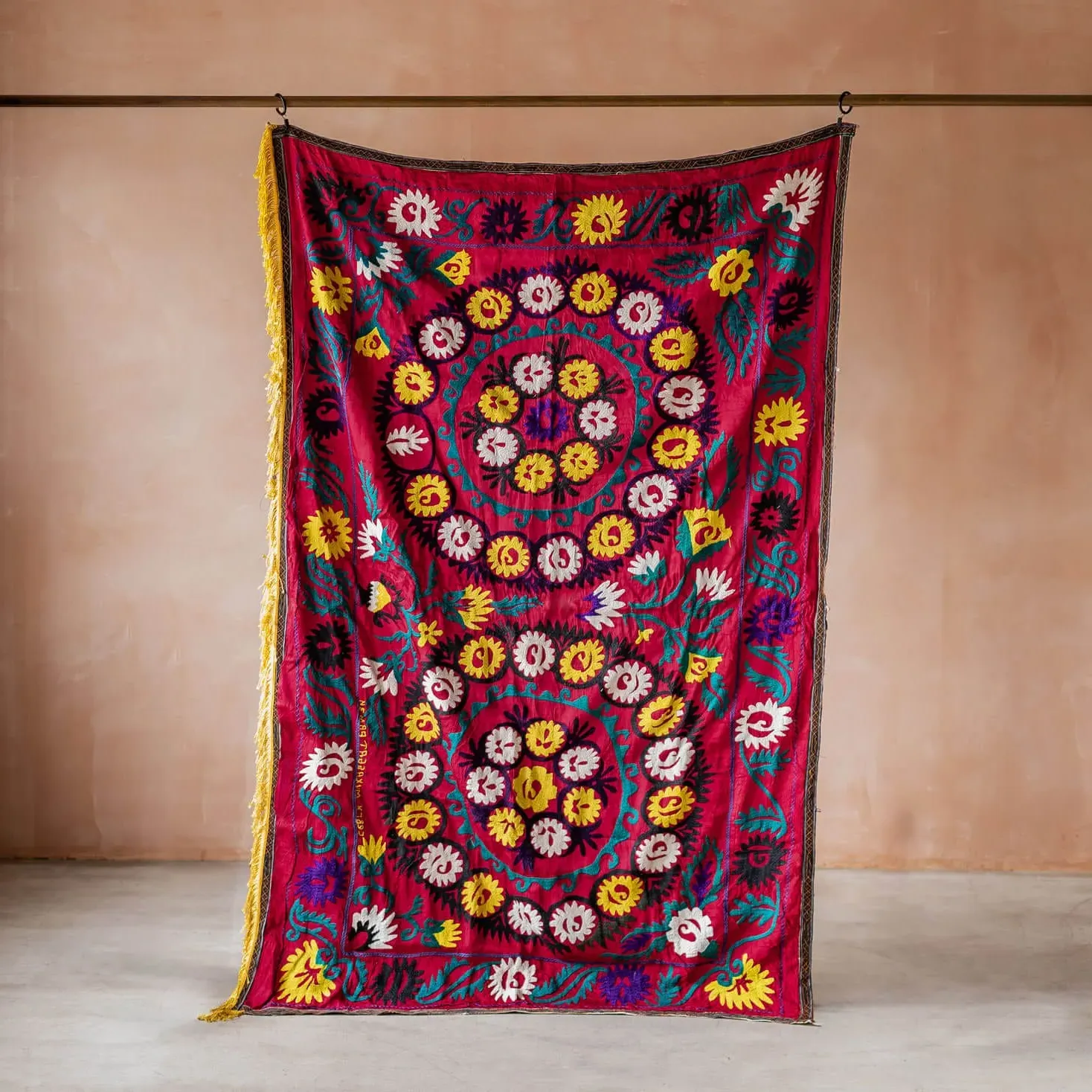 Vintage Abstract Floral Suzani Wall Panel - Red, Cotton image