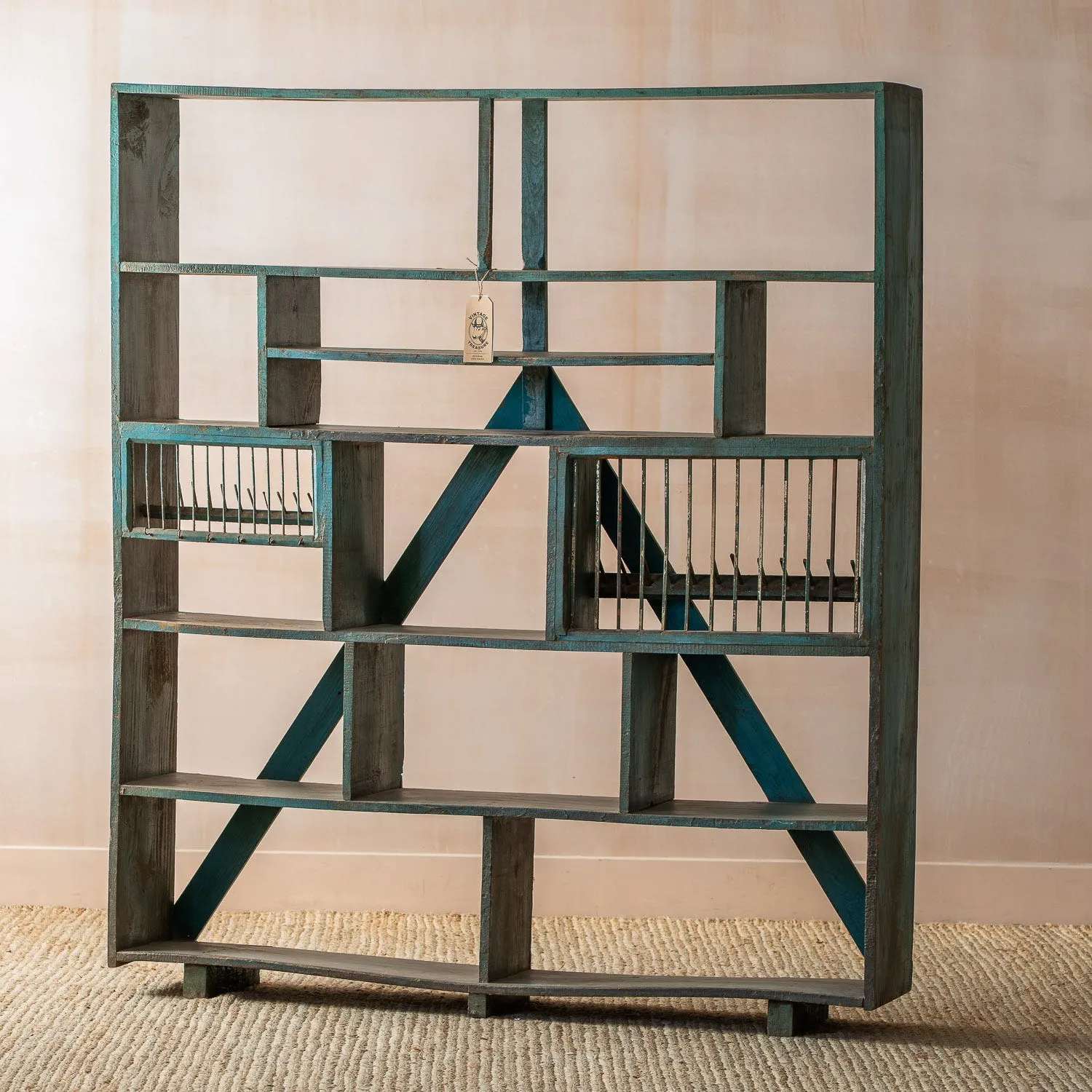 Vintage Compartment Shelving Unit - Aqua Blue, Teak