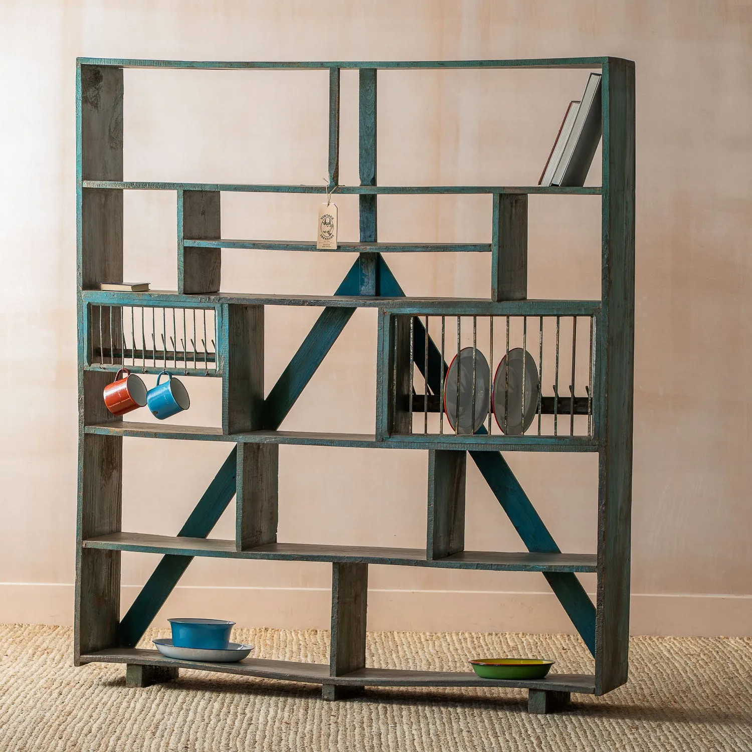 Vintage Compartment Shelving Unit - Aqua Blue, Teak