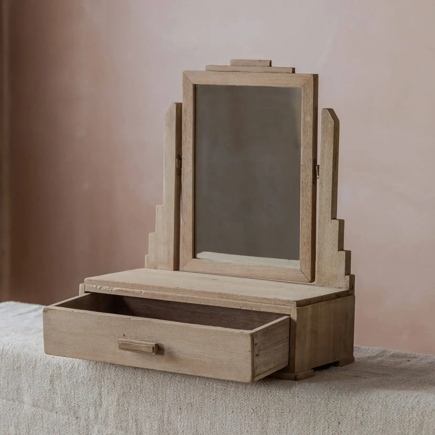 Vintage Dressing Room Wall Mirror with Storage - Teak