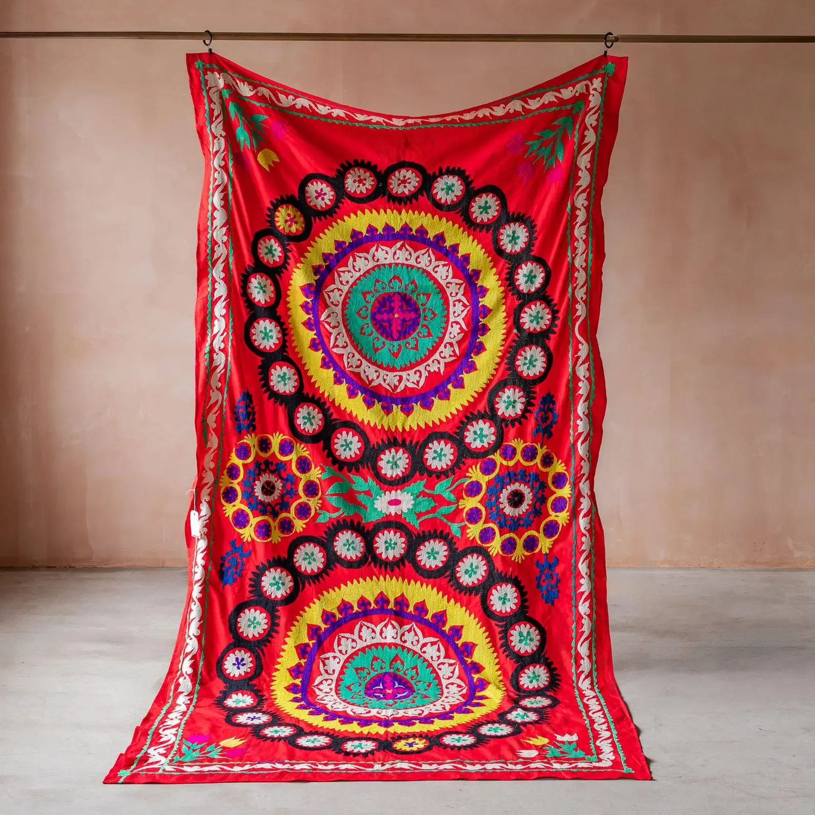 Vintage Floral Suzani Wall Panel - Coral, Cotton