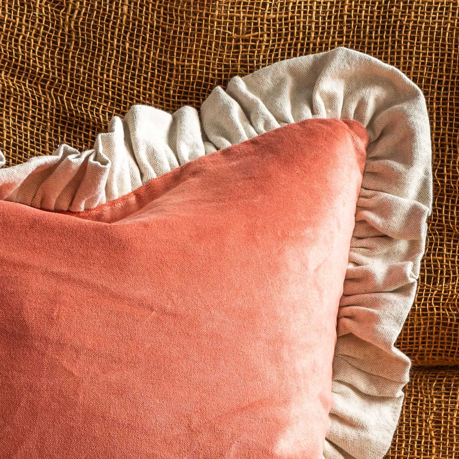 Vintage Pink Velvet Square Cushion with Linen Frill - Pink