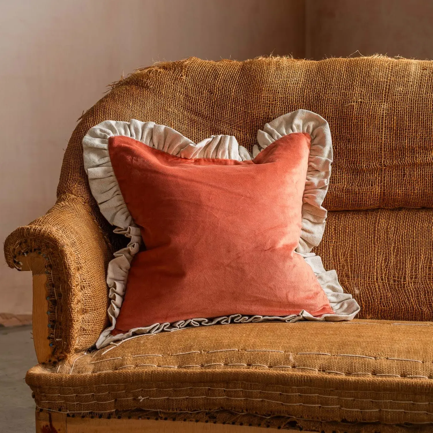 Vintage Pink Velvet Square Cushion with Linen Frill - Pink
