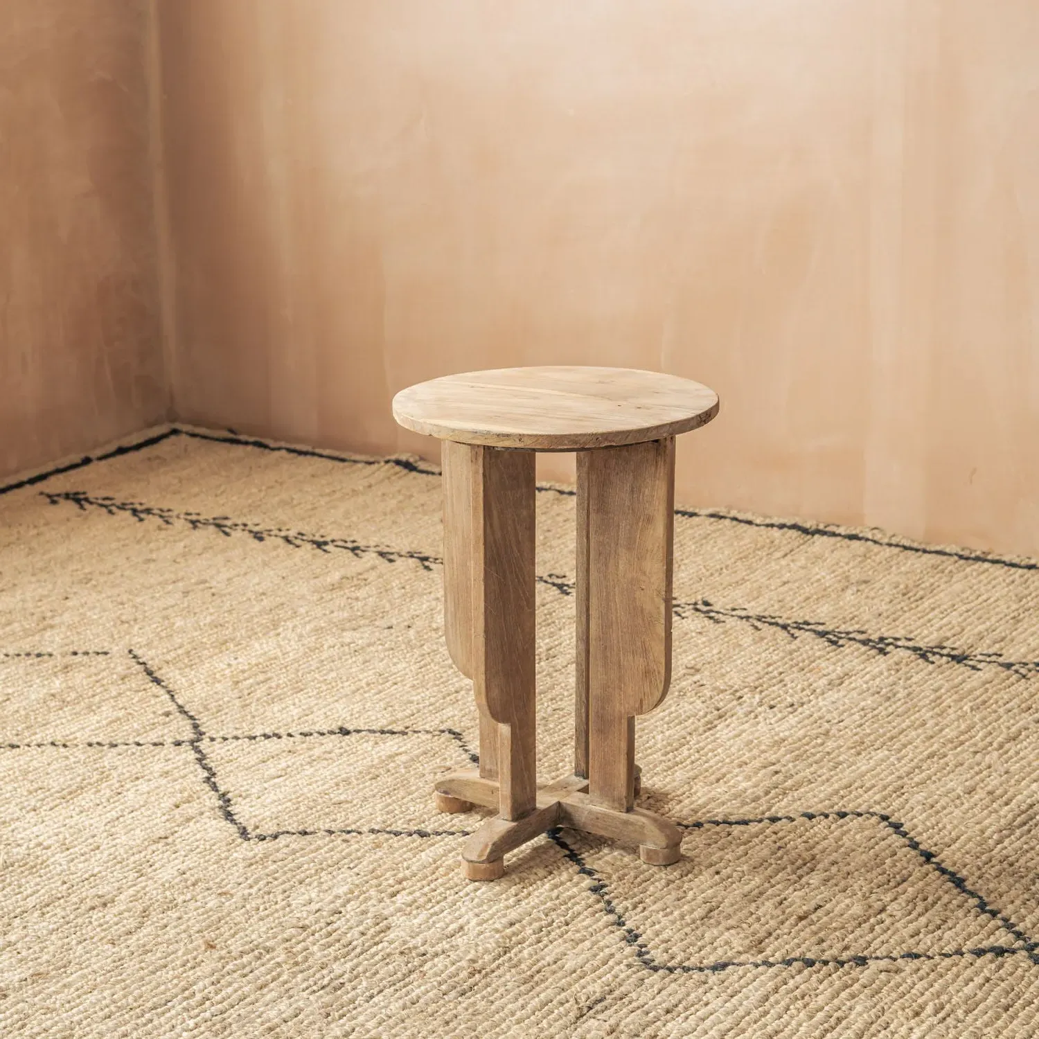 Vintage Round Side Table - Light Wood, Teak