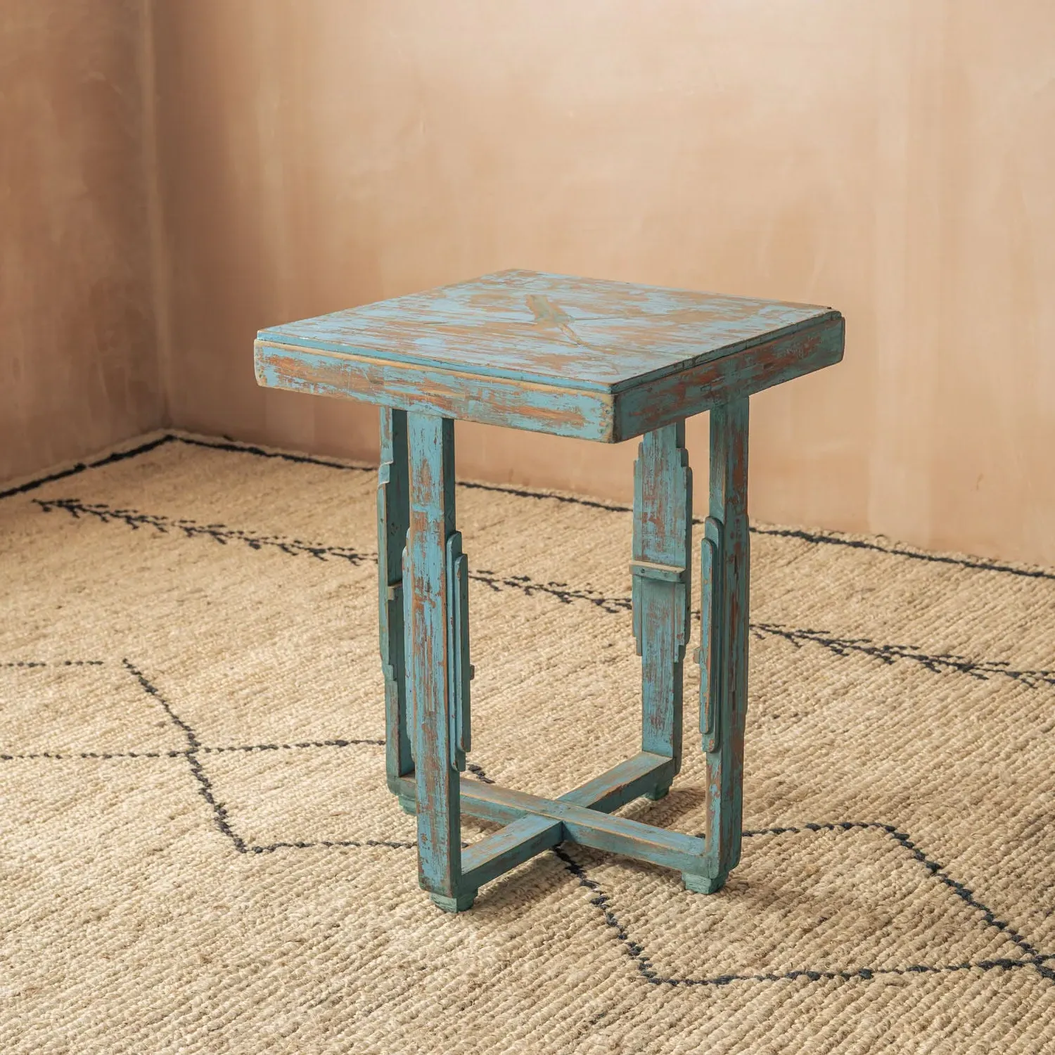 Vintage Side Table - Aqua Blue, Teak Wood
