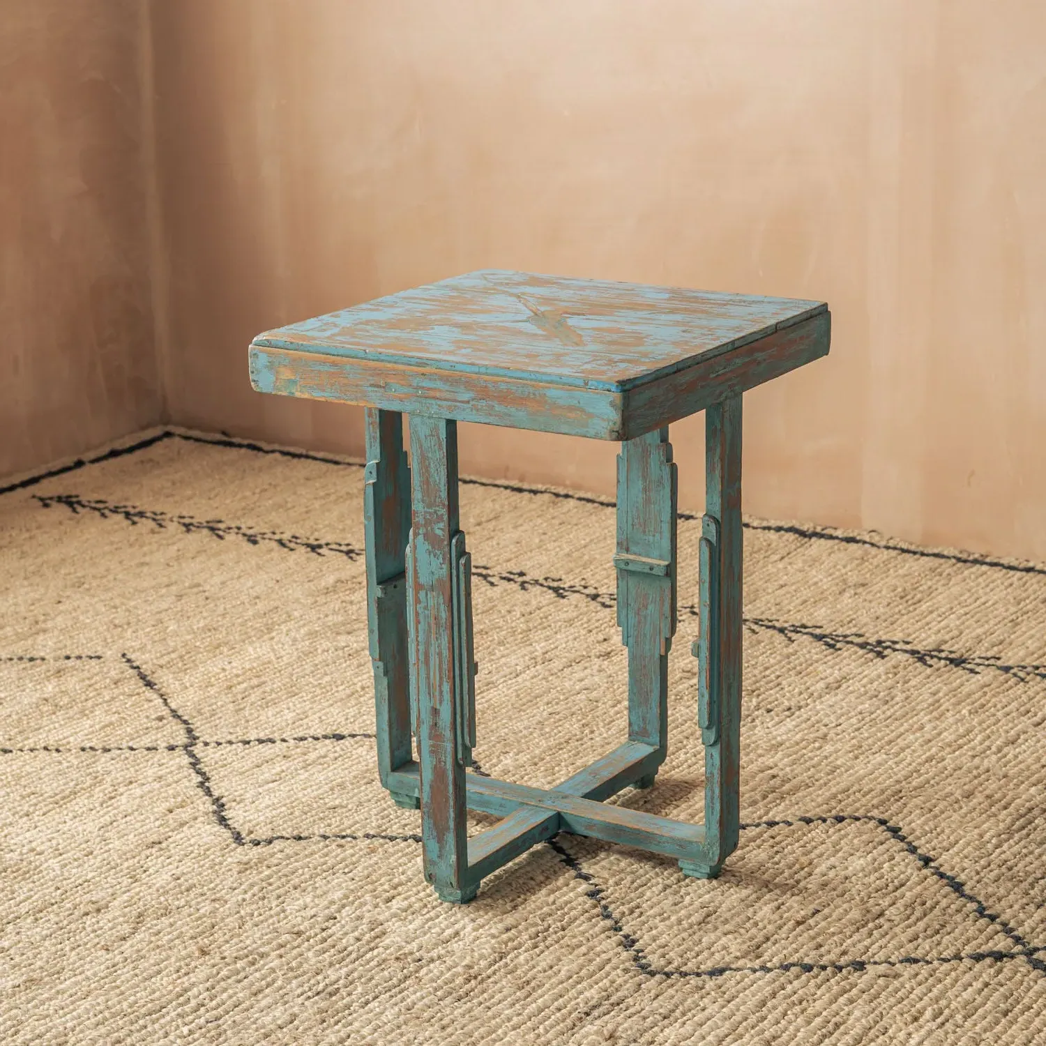 Vintage Side Table - Aqua Blue, Teak Wood image