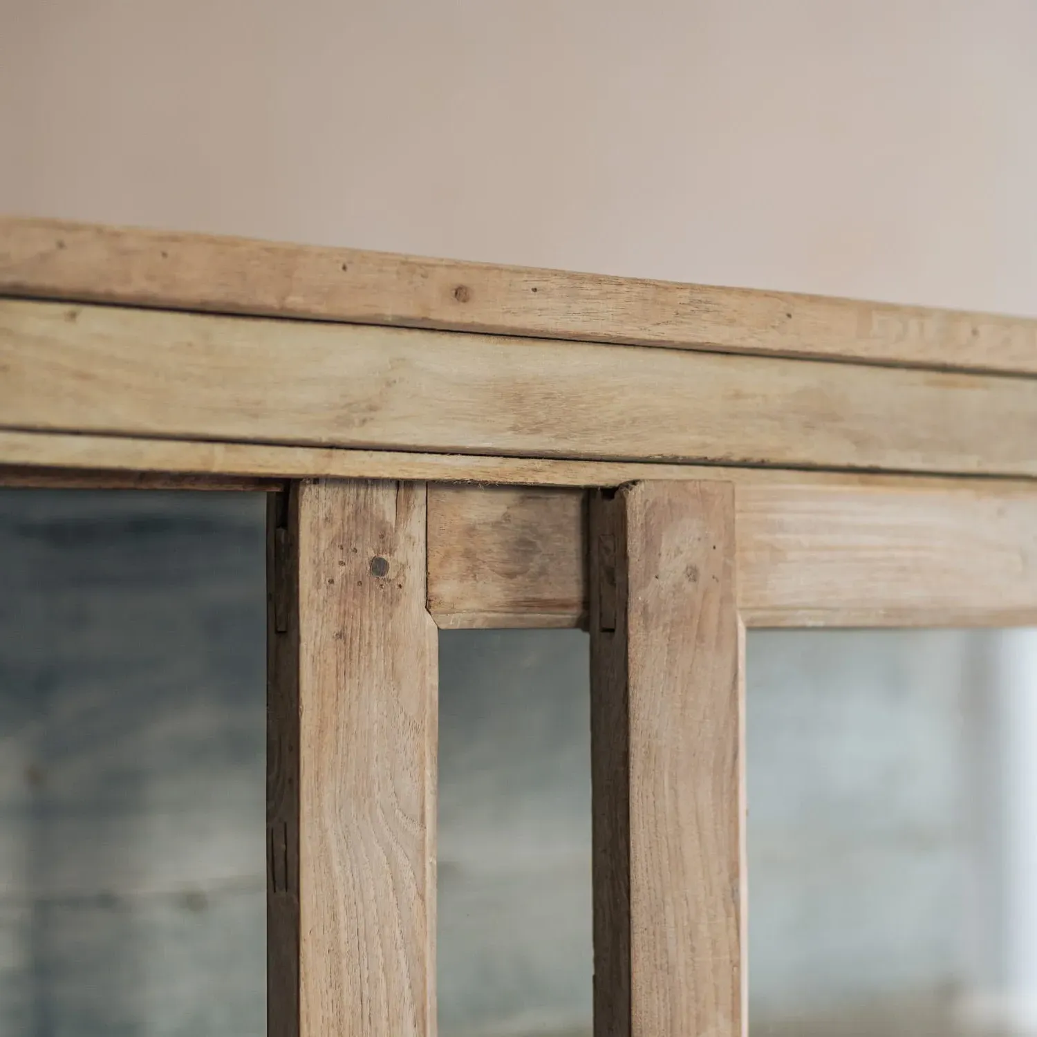 Vintage Sliding Door Cabinet - Light Wood, Teak Glass