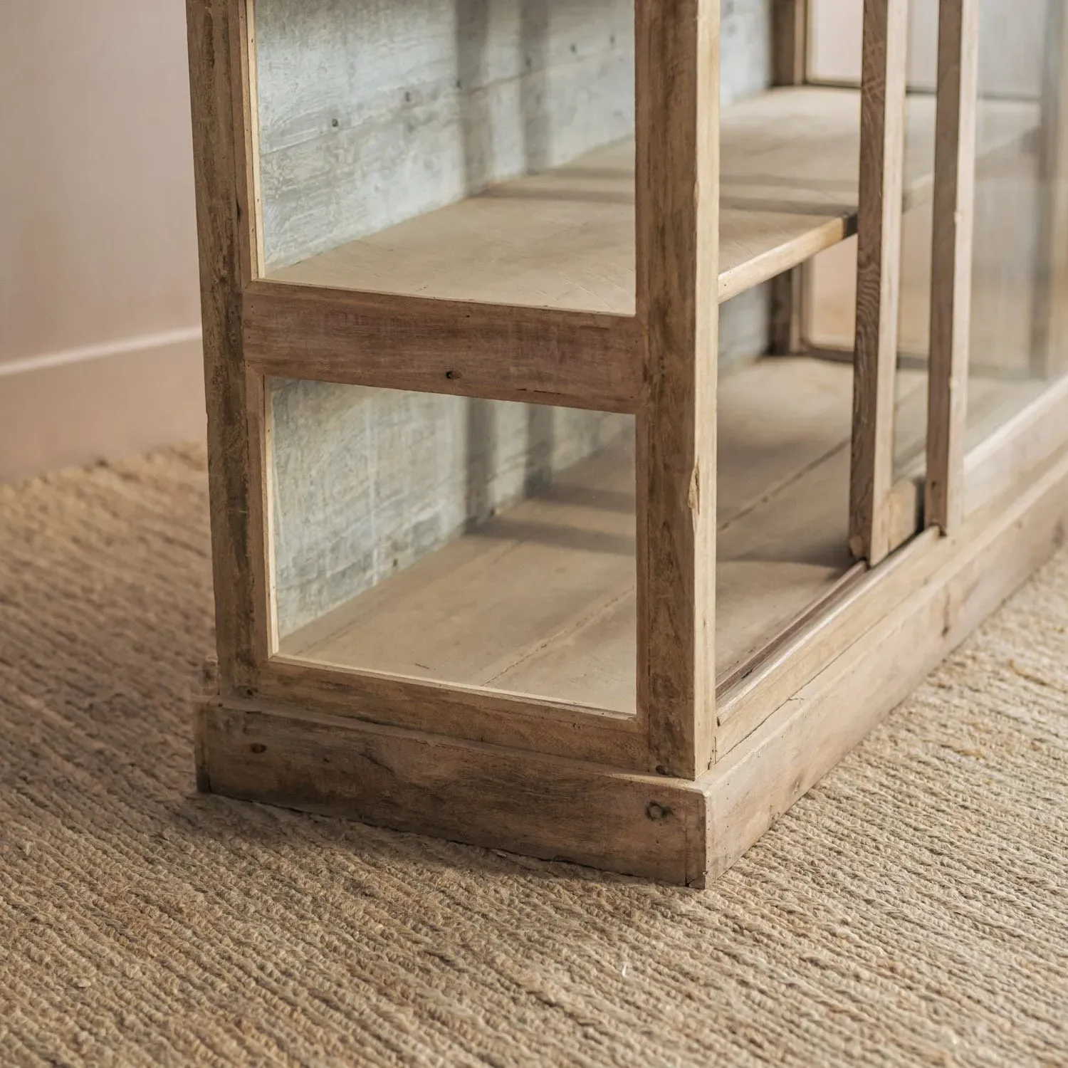 Vintage Sliding Door Cabinet - Light Wood, Teak Glass
