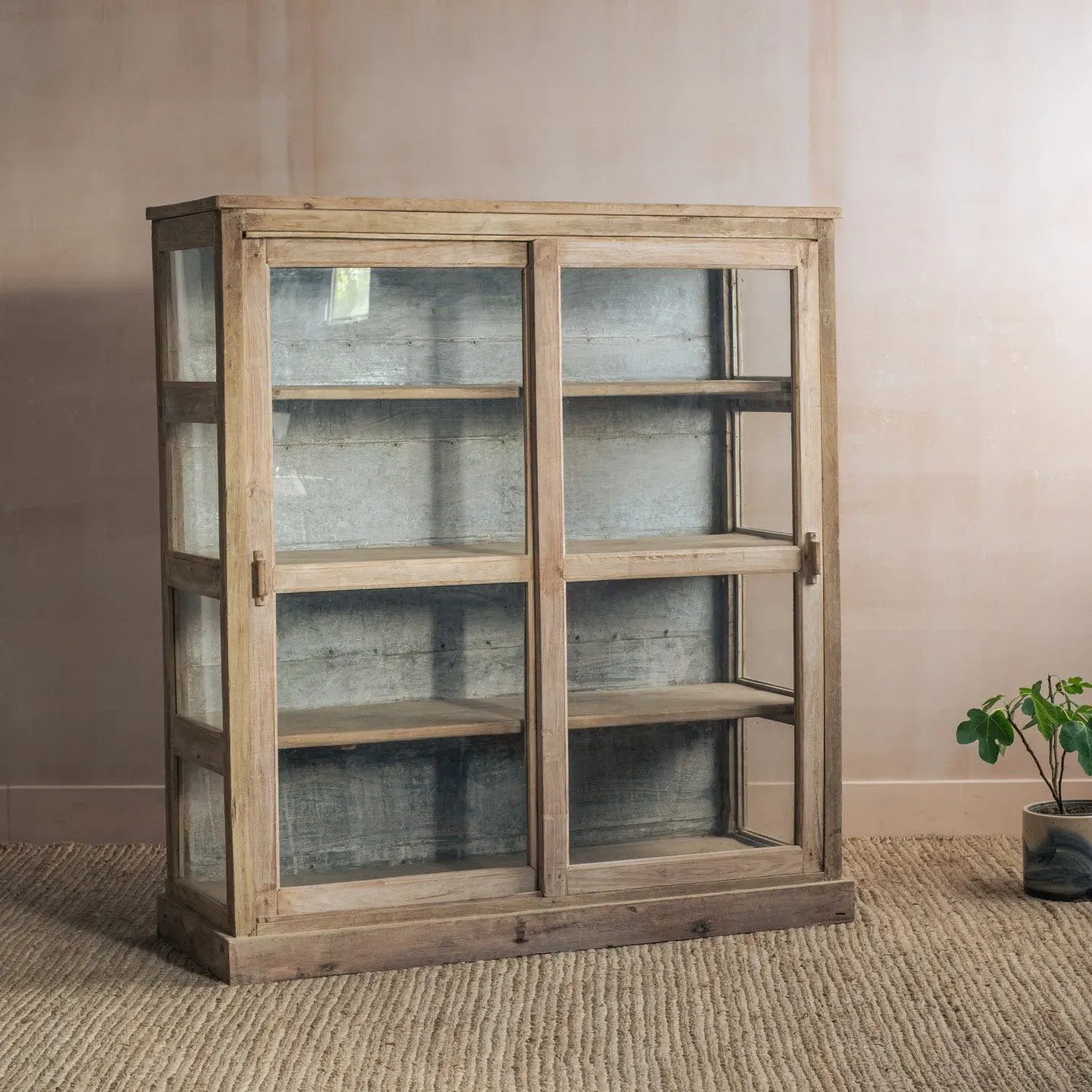 Vintage Sliding Door Cabinet - Light Wood, Teak Glass