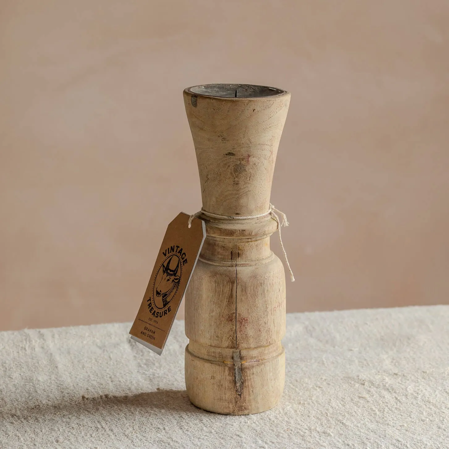 Vintage Wooden Pillar Candle Holder - Natural, Wood