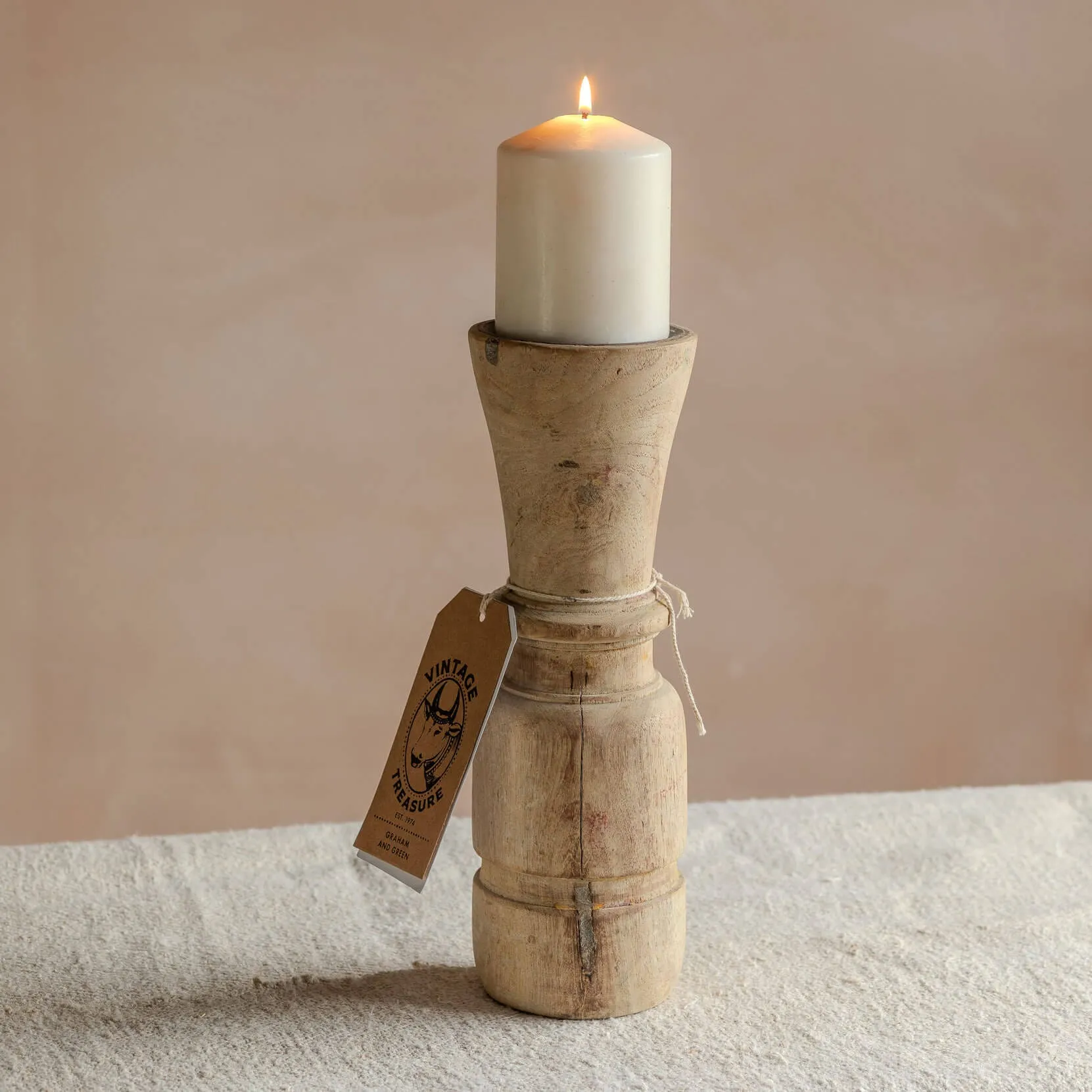 Vintage Wooden Pillar Candle Holder - Natural, Wood