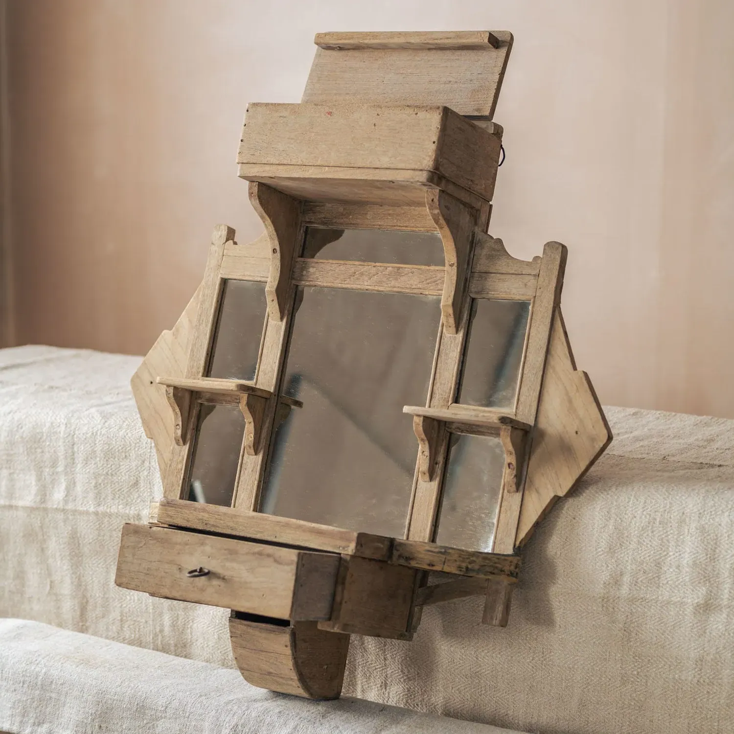 Vintage Wooden Wall Mirror with Shelves - Natural, Teak